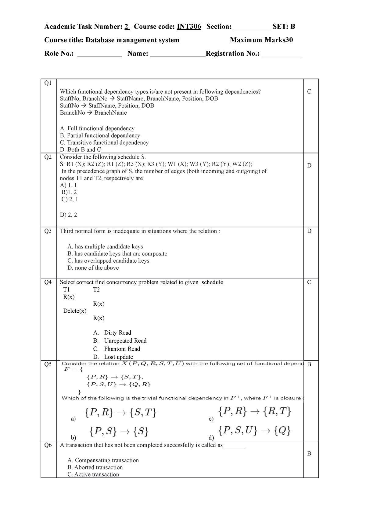 Set B Multiple Choice Questions - Course Title: Database Management ...