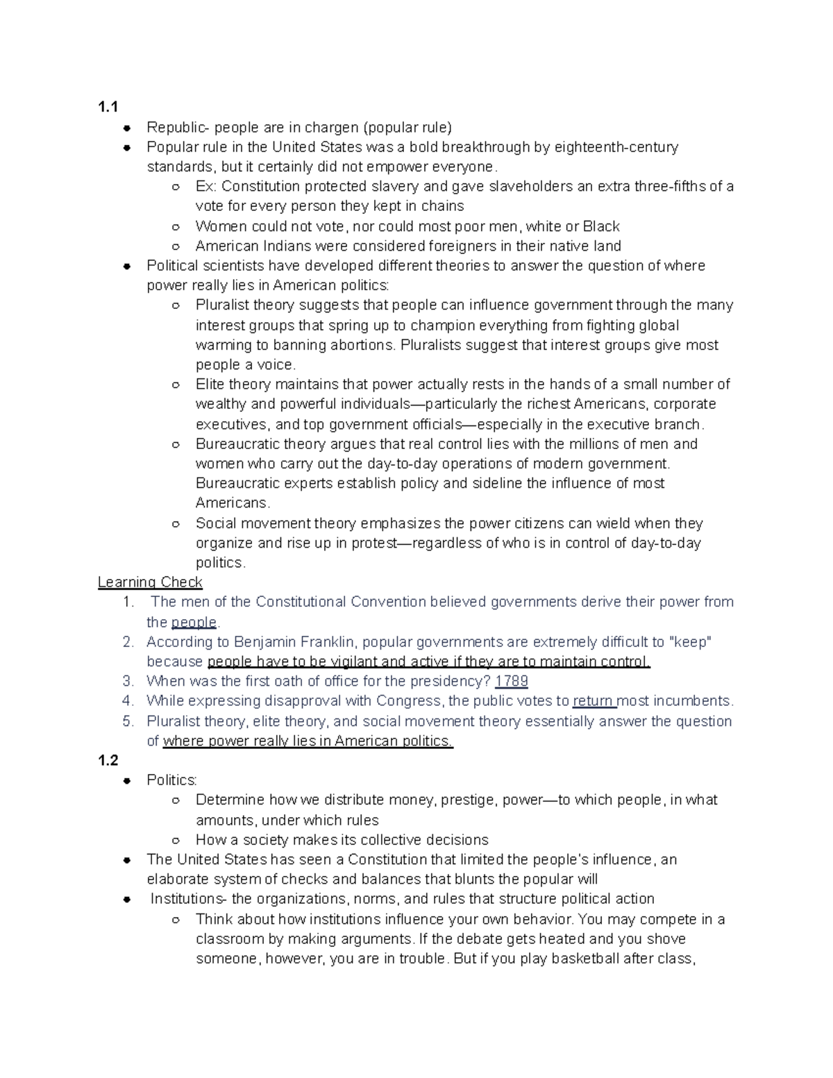 Chapter One POLS - 1. Republic- people are in chargen (popular rule ...