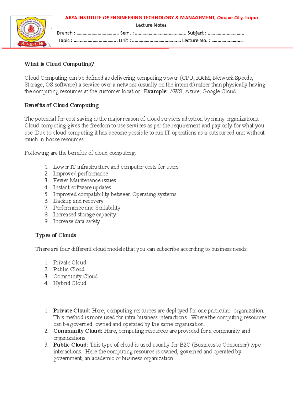 Unit 01 Cloud Notes 19 01 20 Lecture Notes Branch Unit 01 Cloud Notes 19 01 20 Lecture Notes Branch