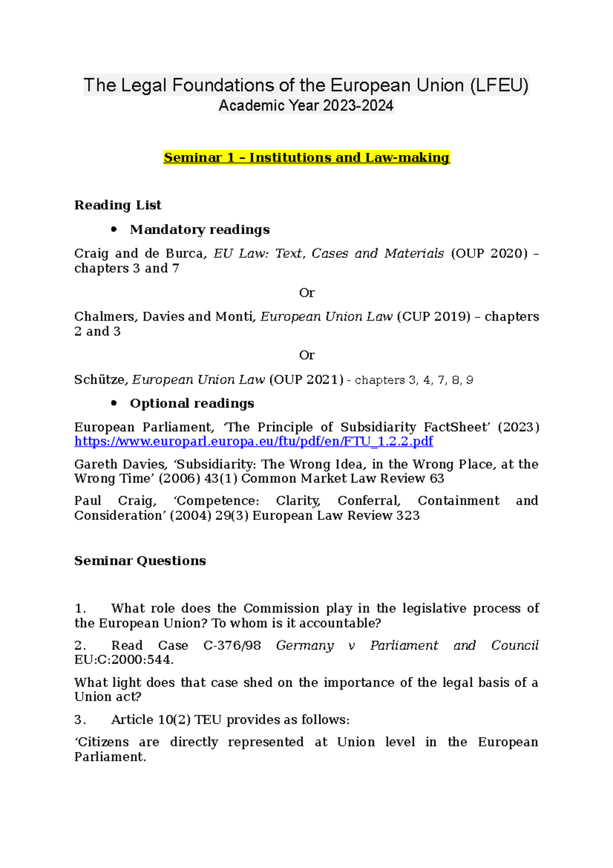 LFEU Seminar 1 - The Legal Foundations of the European Union (LFEU ...