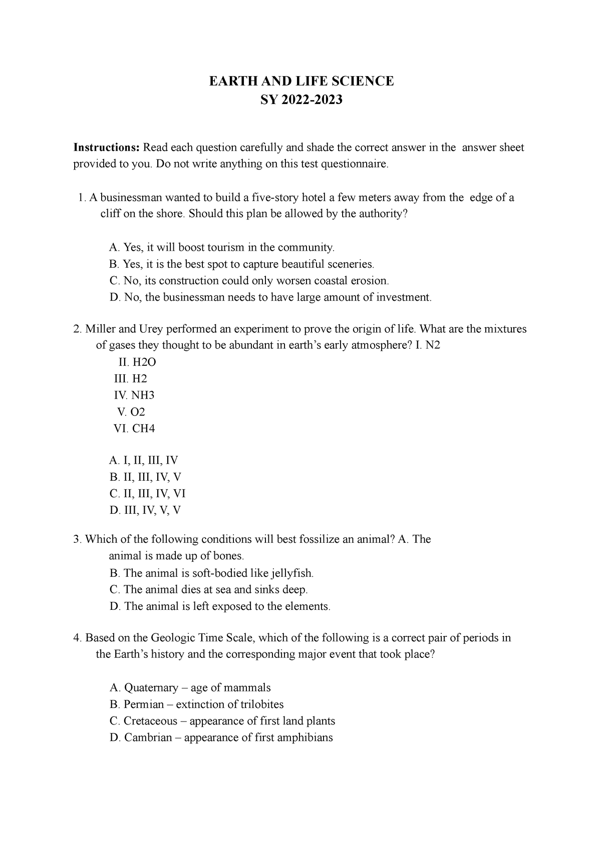 Earth and Life Science - practice question - EARTH AND LIFE SCIENCE SY ...