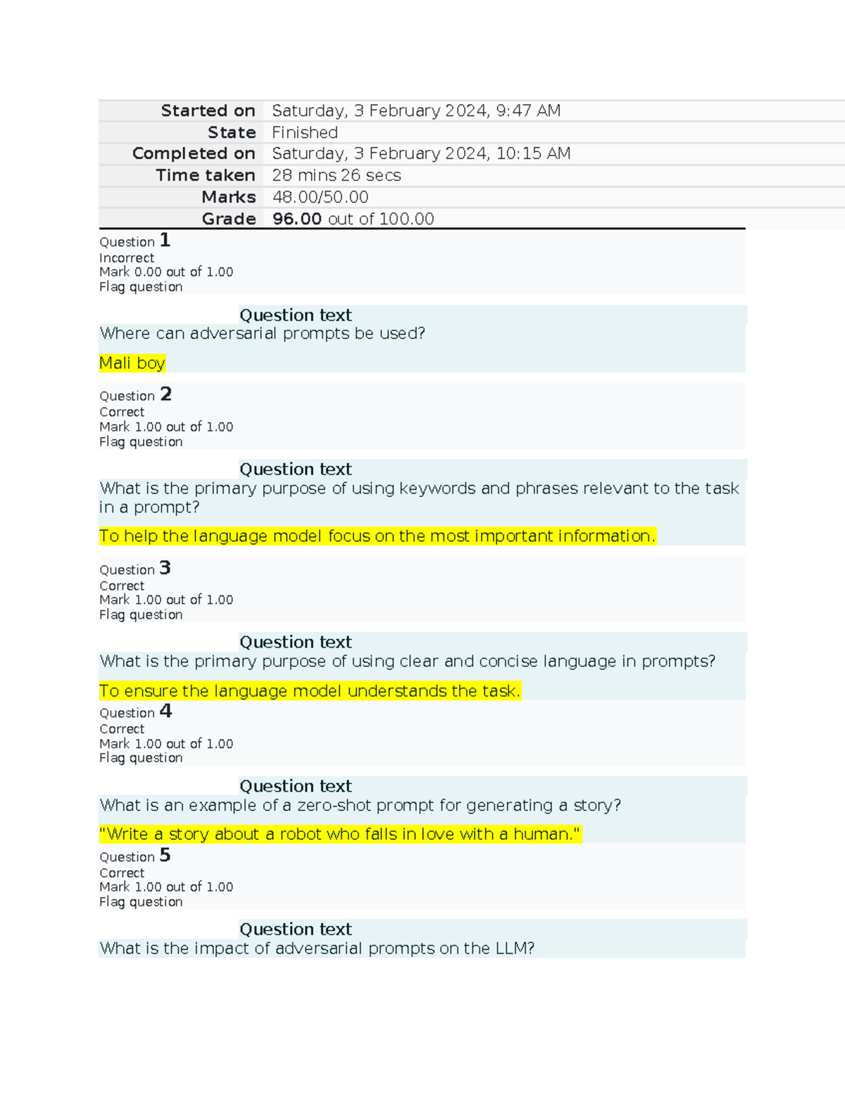 AI prompt engineering prelim exam - Started on Saturday, 3 February ...