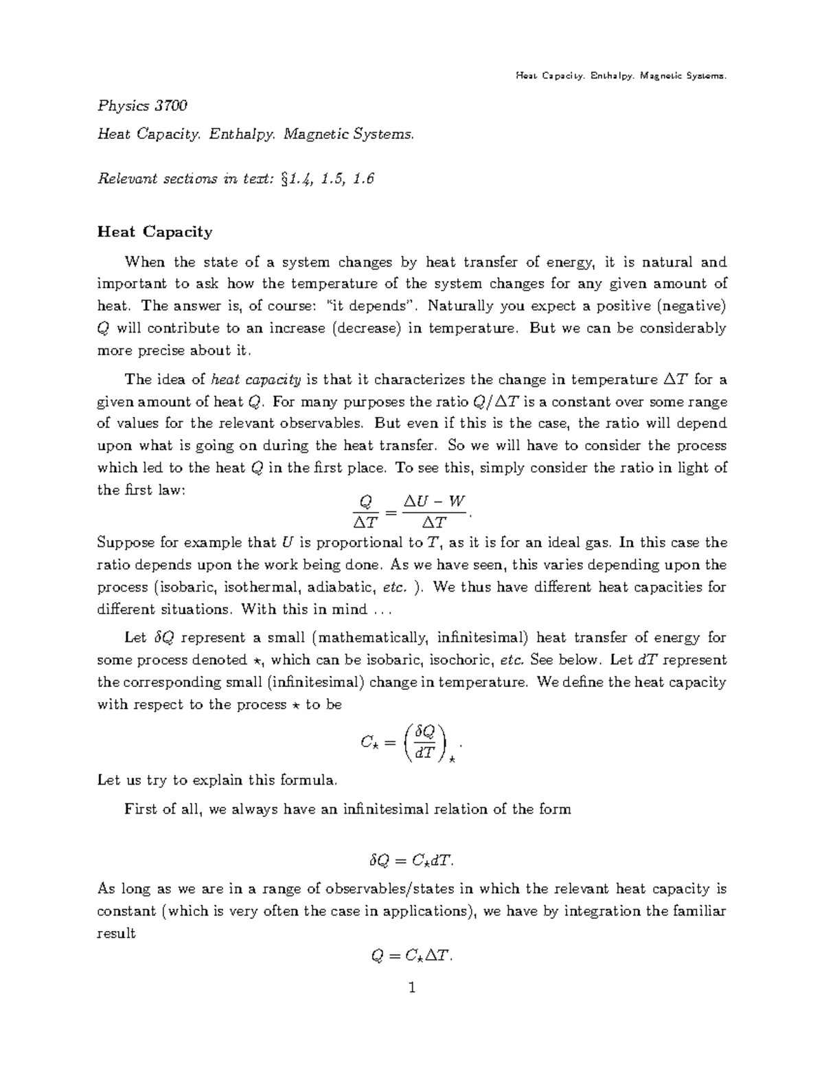 02.pdf heat capacity - Lecture notes 2 - Heat Capacity. Enthalpy ...