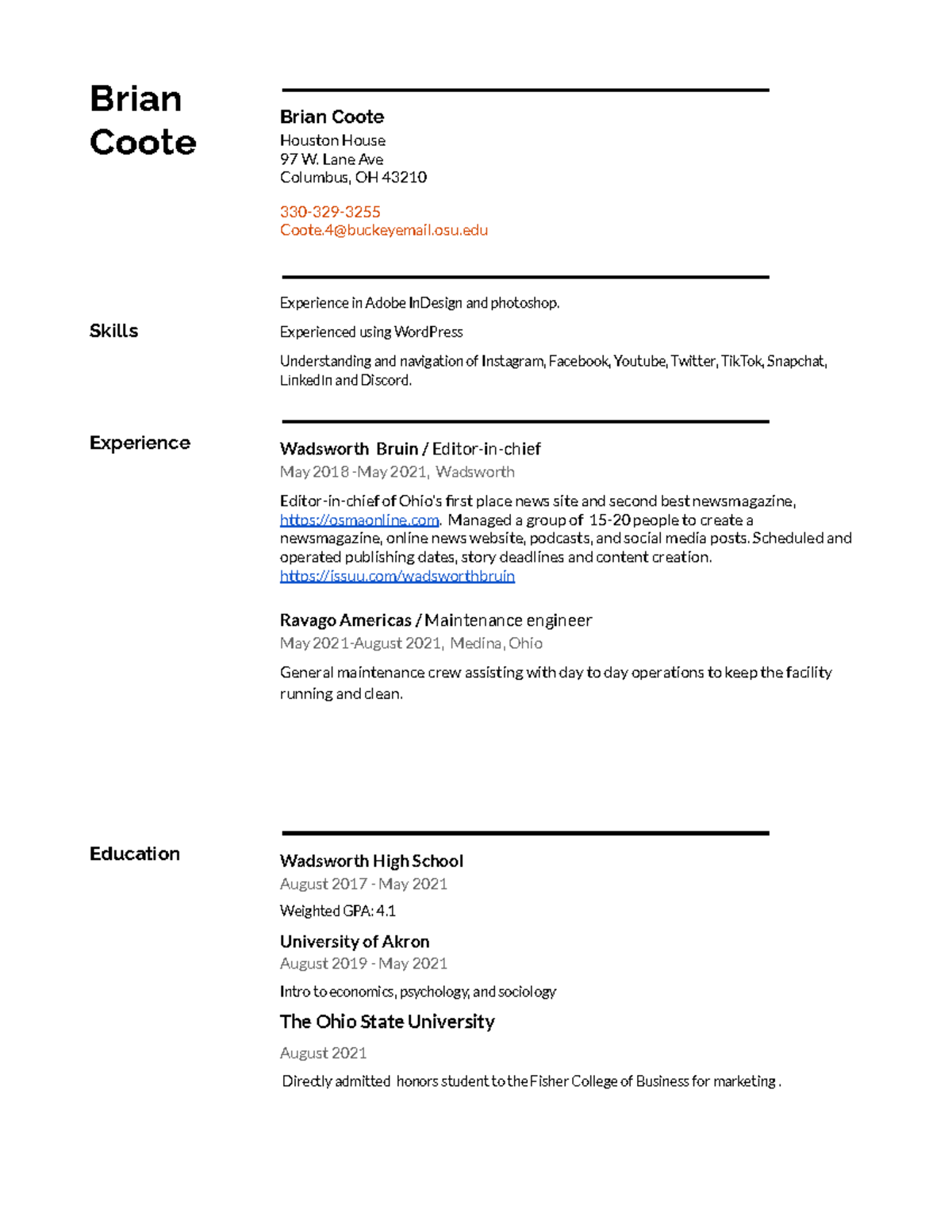 Resume Osu - NONE - Brian Coote Brian Coote Houston House 97 W. Lane ...