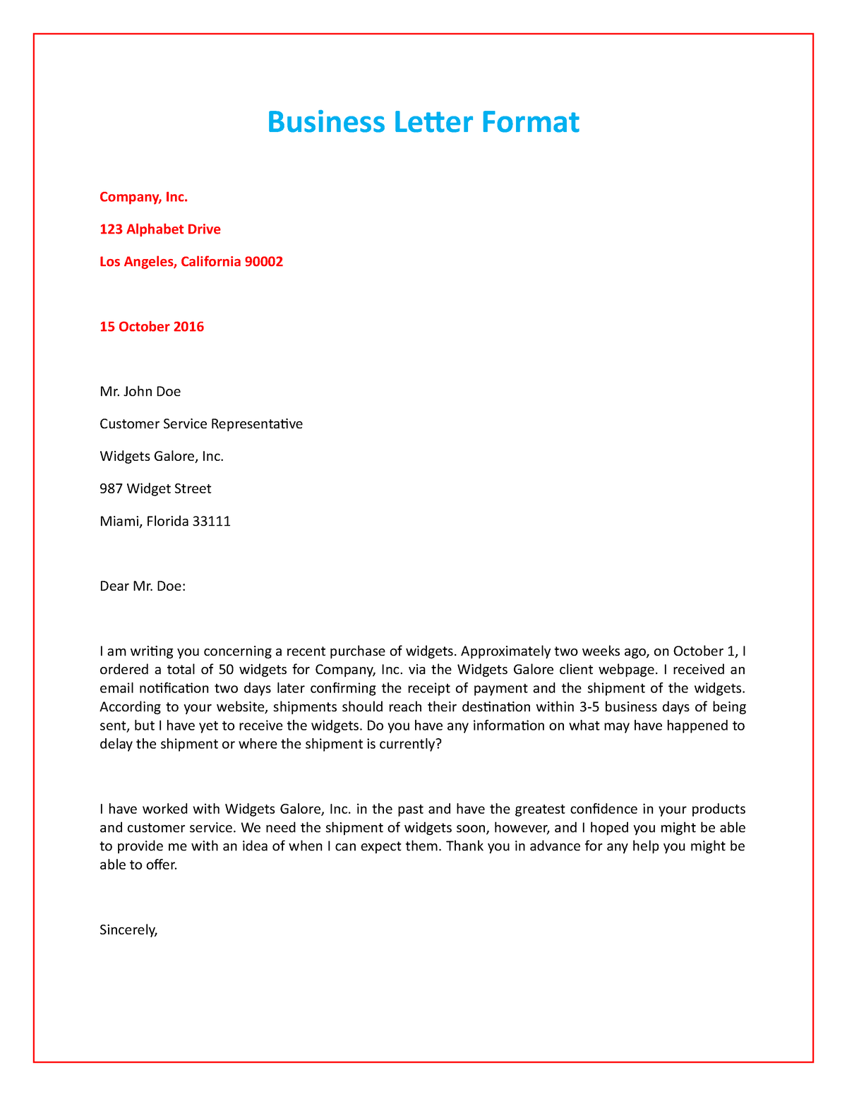 Formal business letter 01 - Business Letter Format Company, Inc. 123 ...