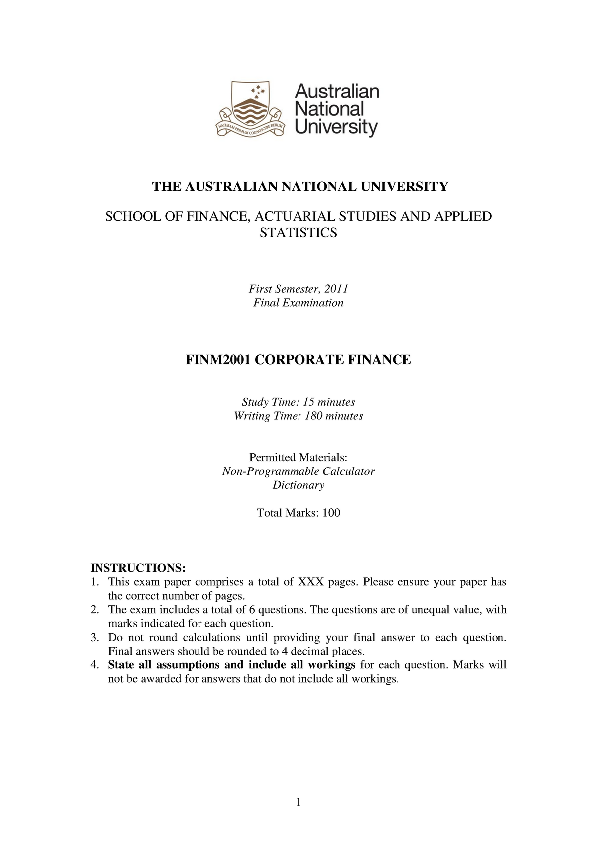 Exam 2 November 2011, Questions And Answers - 1 THE AUSTRALIAN NATIONAL ...