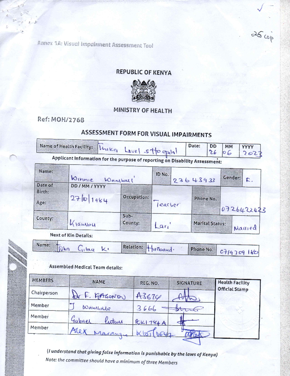 Assessment forms - fgdfgdfgh - 25 cop Annex 1A: Visual Impairment ...
