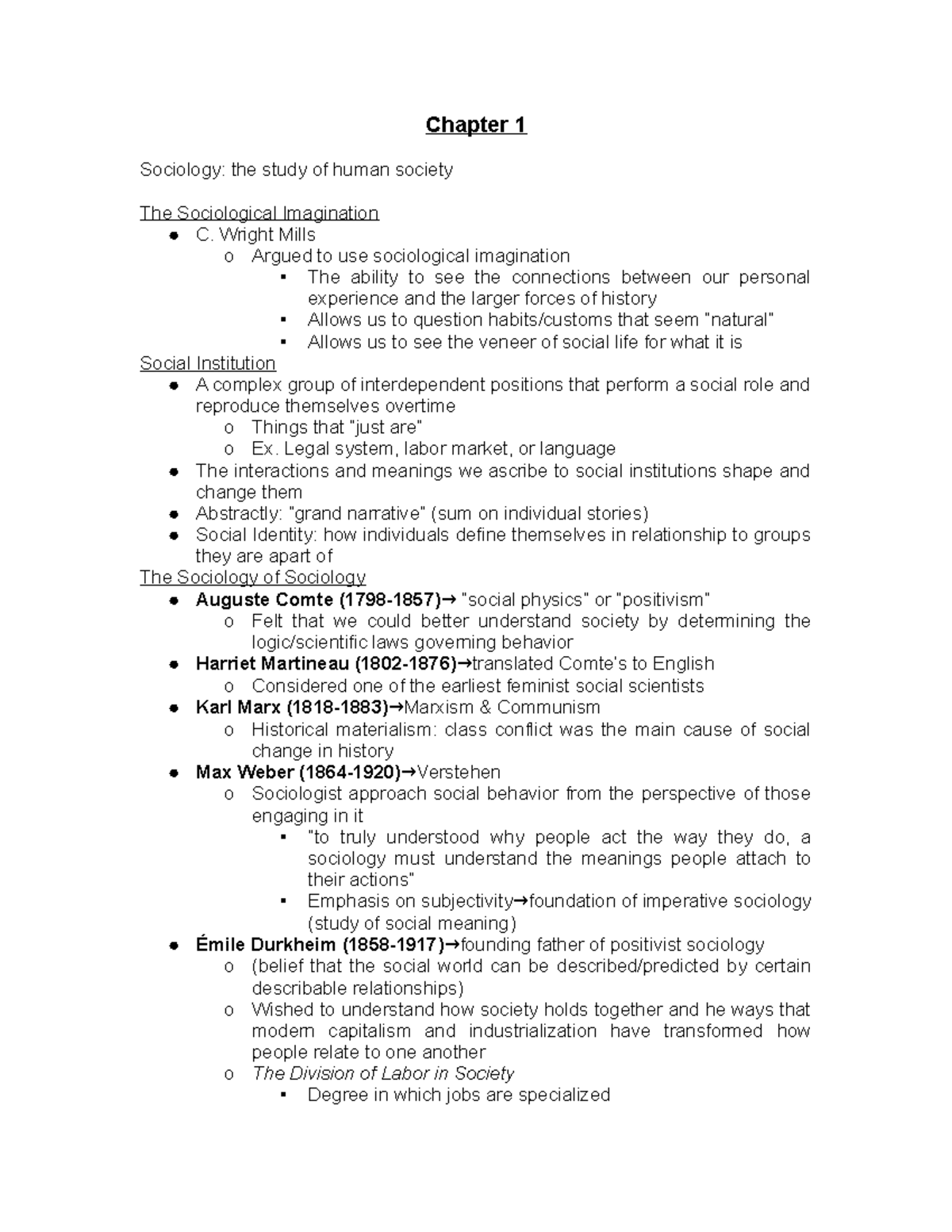 Chapter 1-Notes - Introduction to Sociology; Theories/Sociologists ...