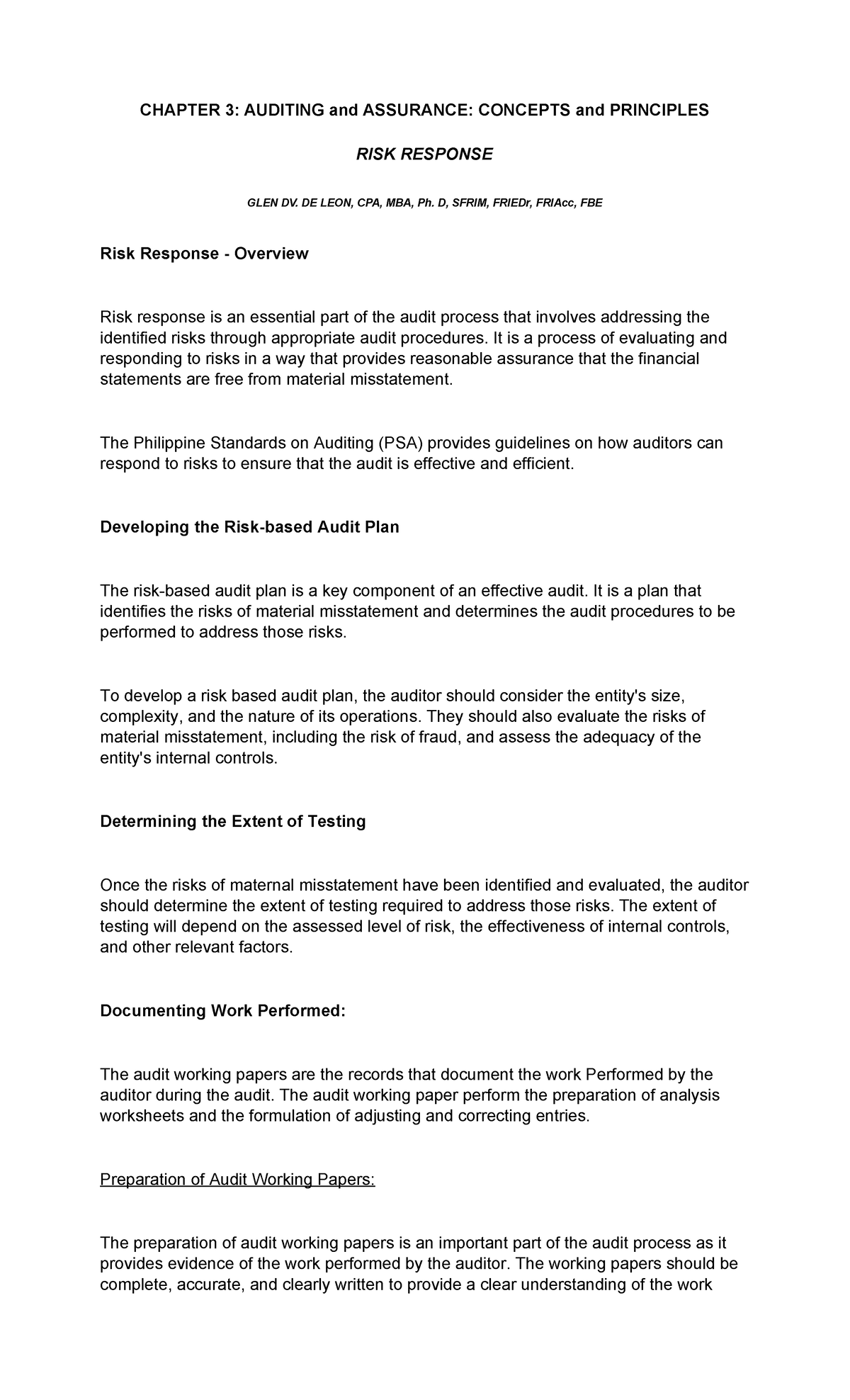 Chapter 3 RISK Response - CHAPTER 3: AUDITING and ASSURANCE: CONCEPTS ...