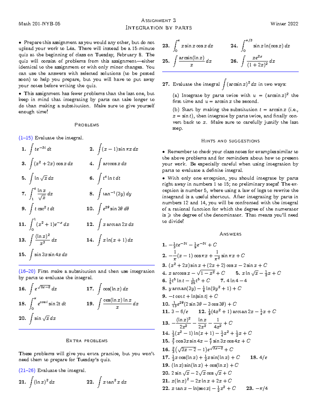 Assignment 03 - Practice - Math 201-NYB- Assignment 3 Integration by ...