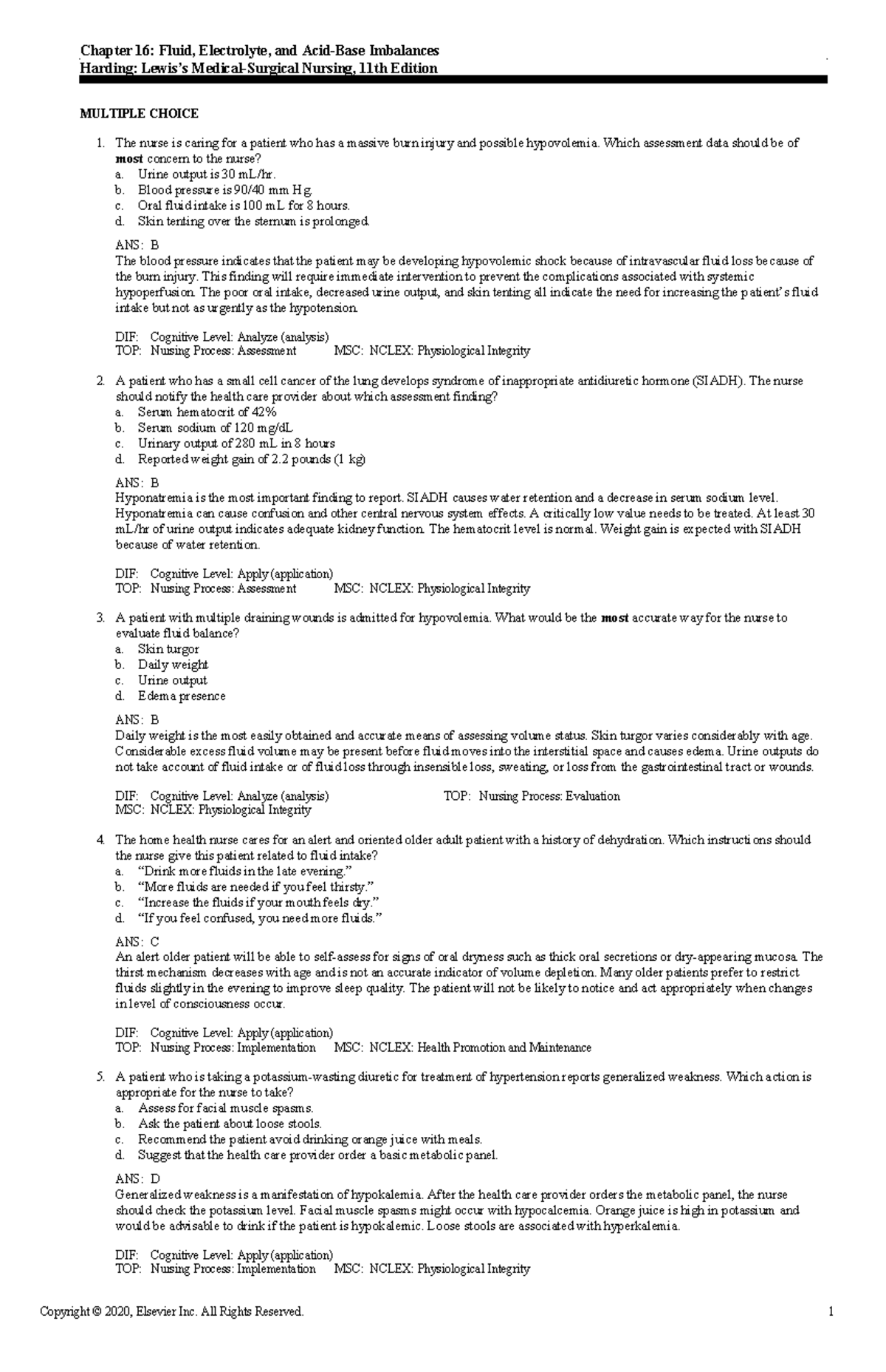 Chapter 17 - nclex type questions - Chapter 16: Fluid, Electrolyte, and ...