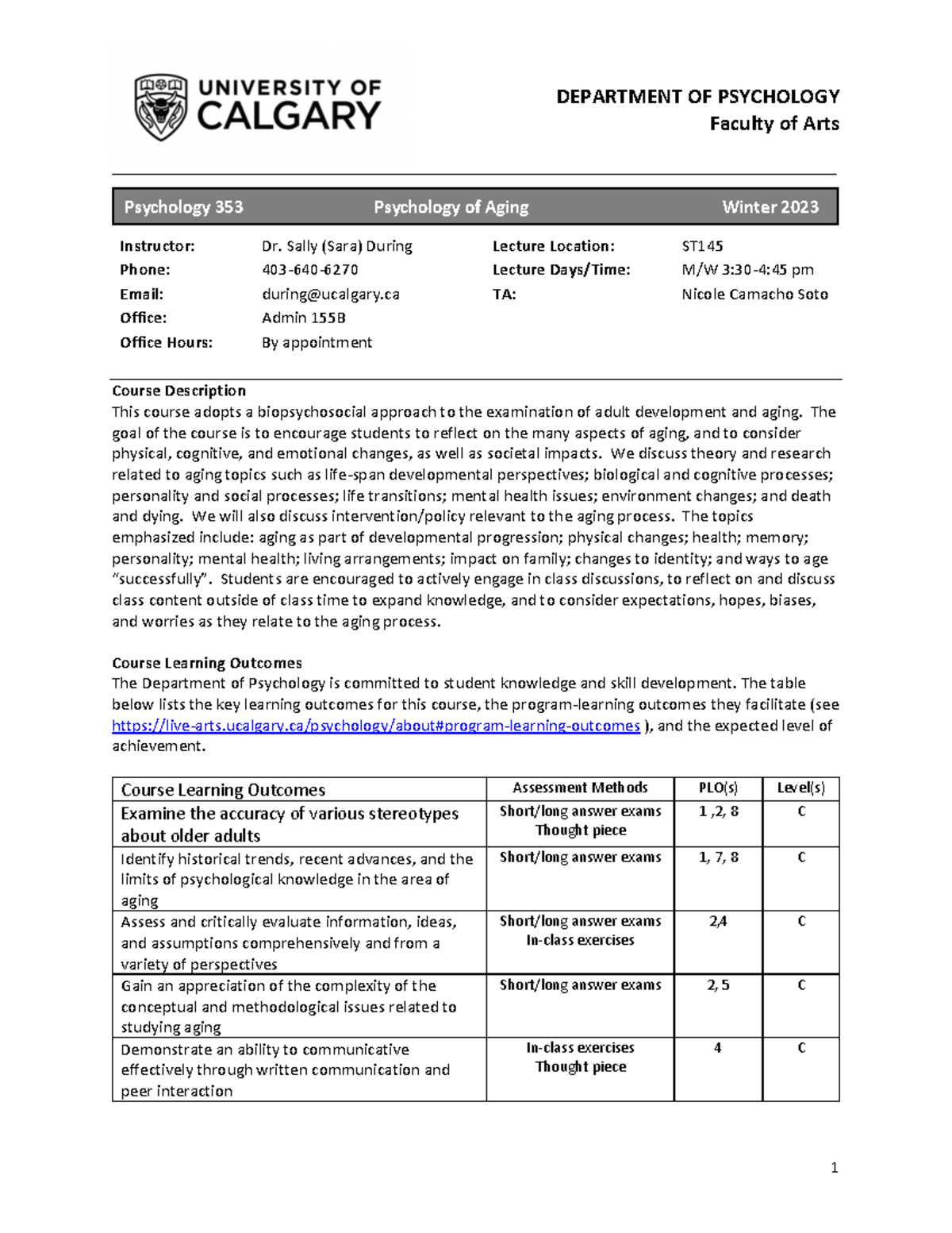 Psyc 353 W2023 Course Outline - DEPARTMENT OF PSYCHOLOGY Faculty of ...