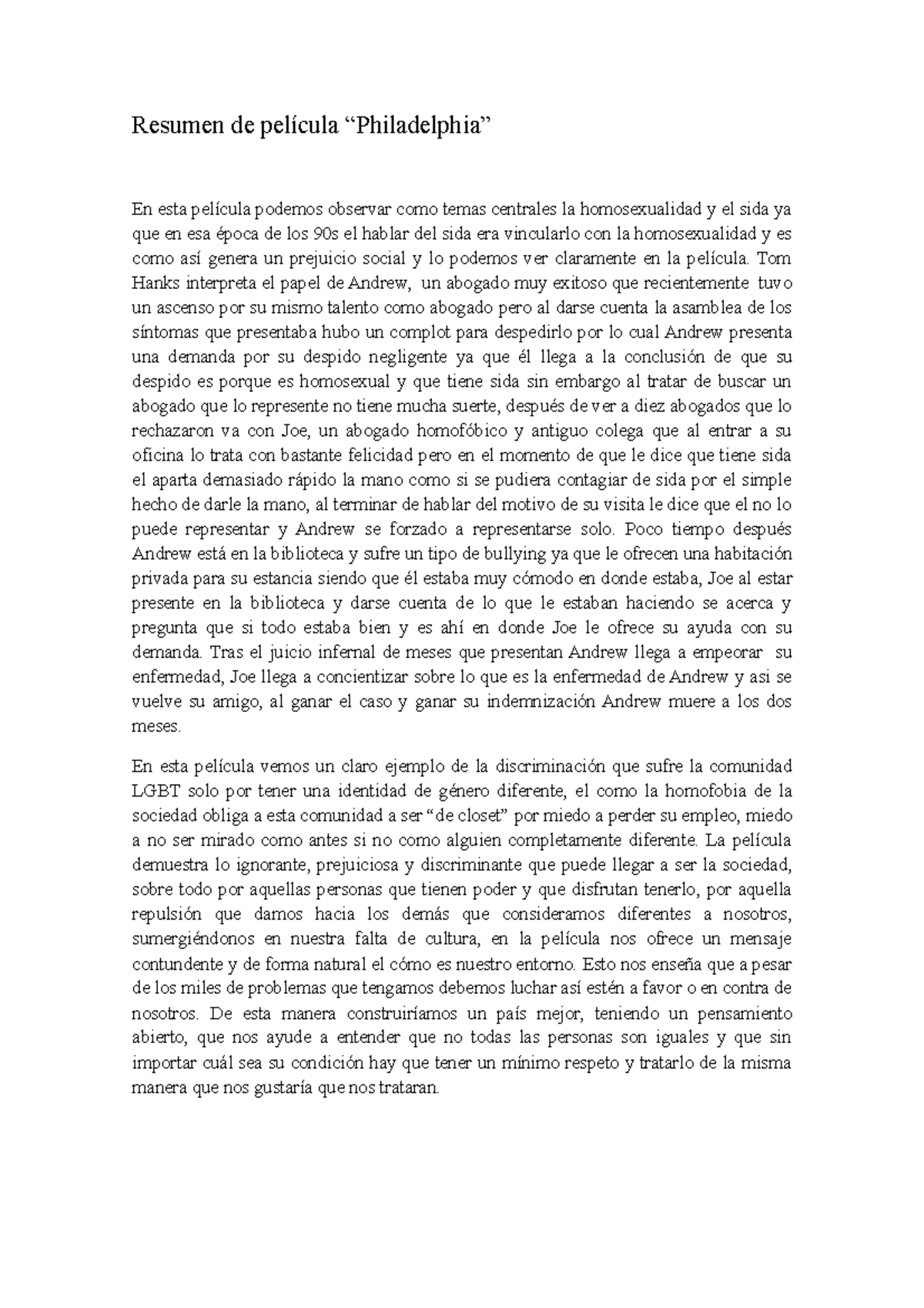Resumen Psicologico De Pelicula Philadelphia Sociedad Y Educacion En Studocu