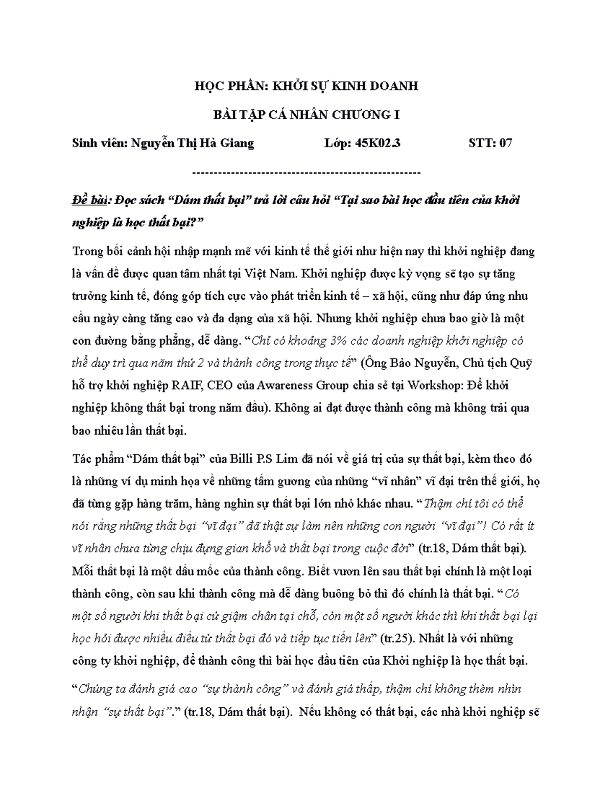 07.Nguyễn Thị Hà Giang - lý thuyết và thiết kế - HỌC PHẦN: KHỞI SỰ KINH ...