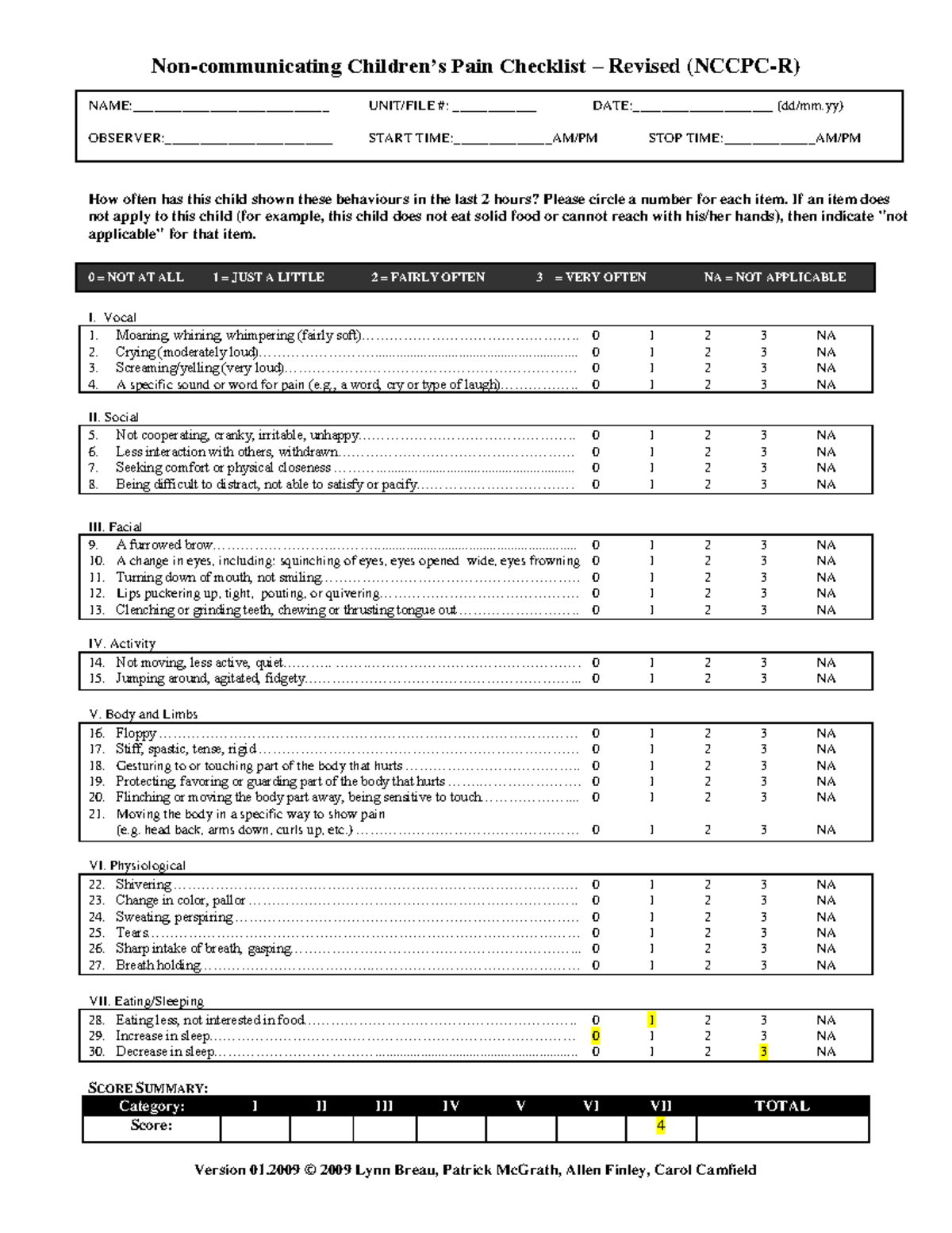 Non-communicating Children’s Pain Checklist - If An Item Does Not Apply 