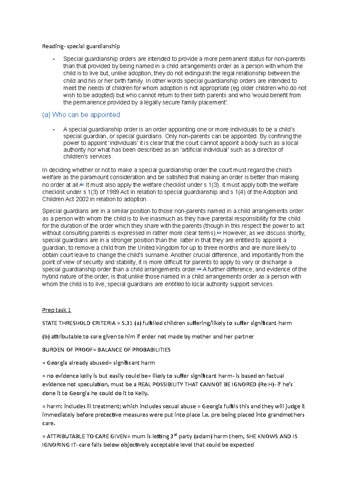 Ws10 notes Reading special guardianship Special guardianship orders are intended to