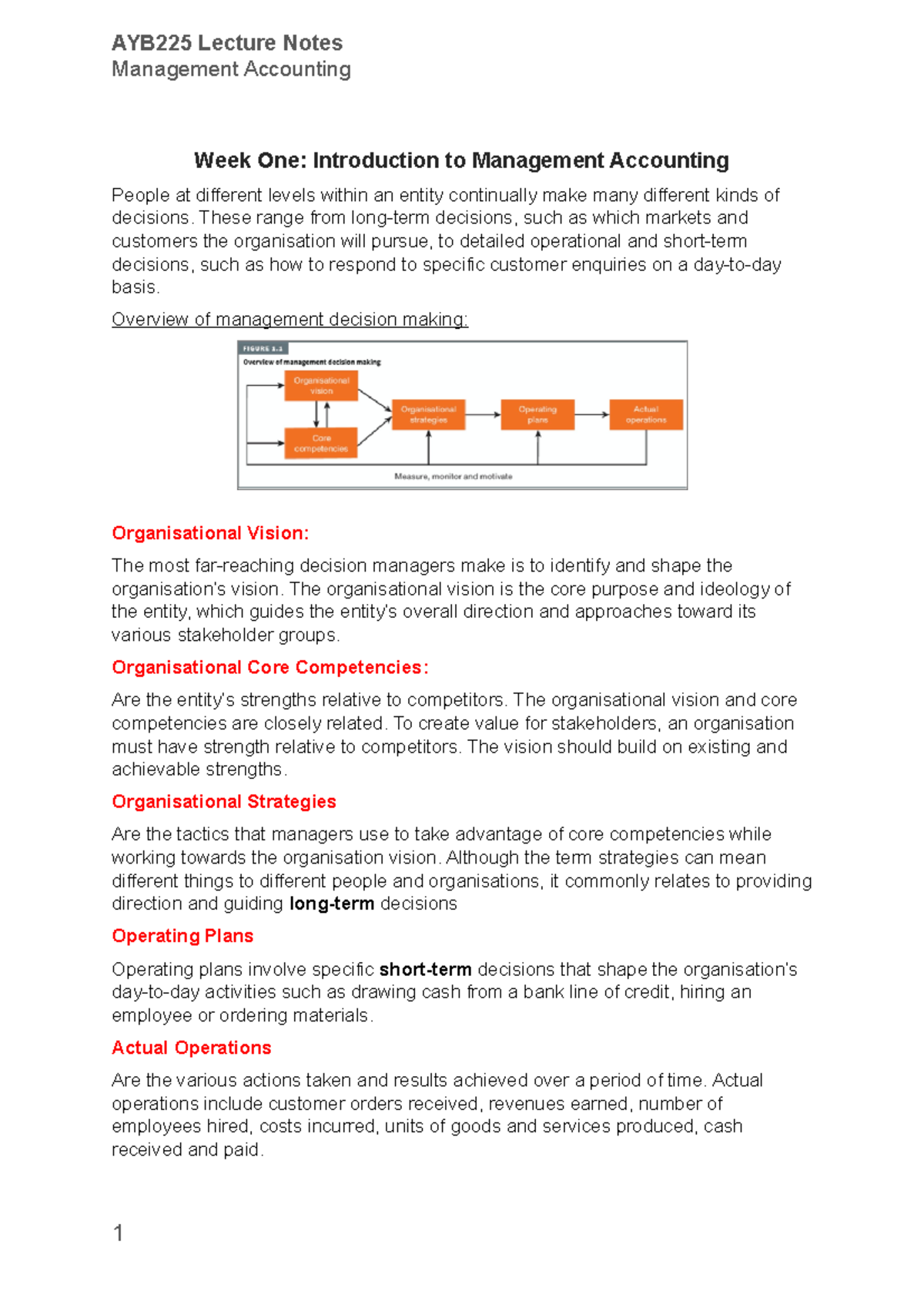 Lecture Notes - Management Accounting Week One: Introduction to ...