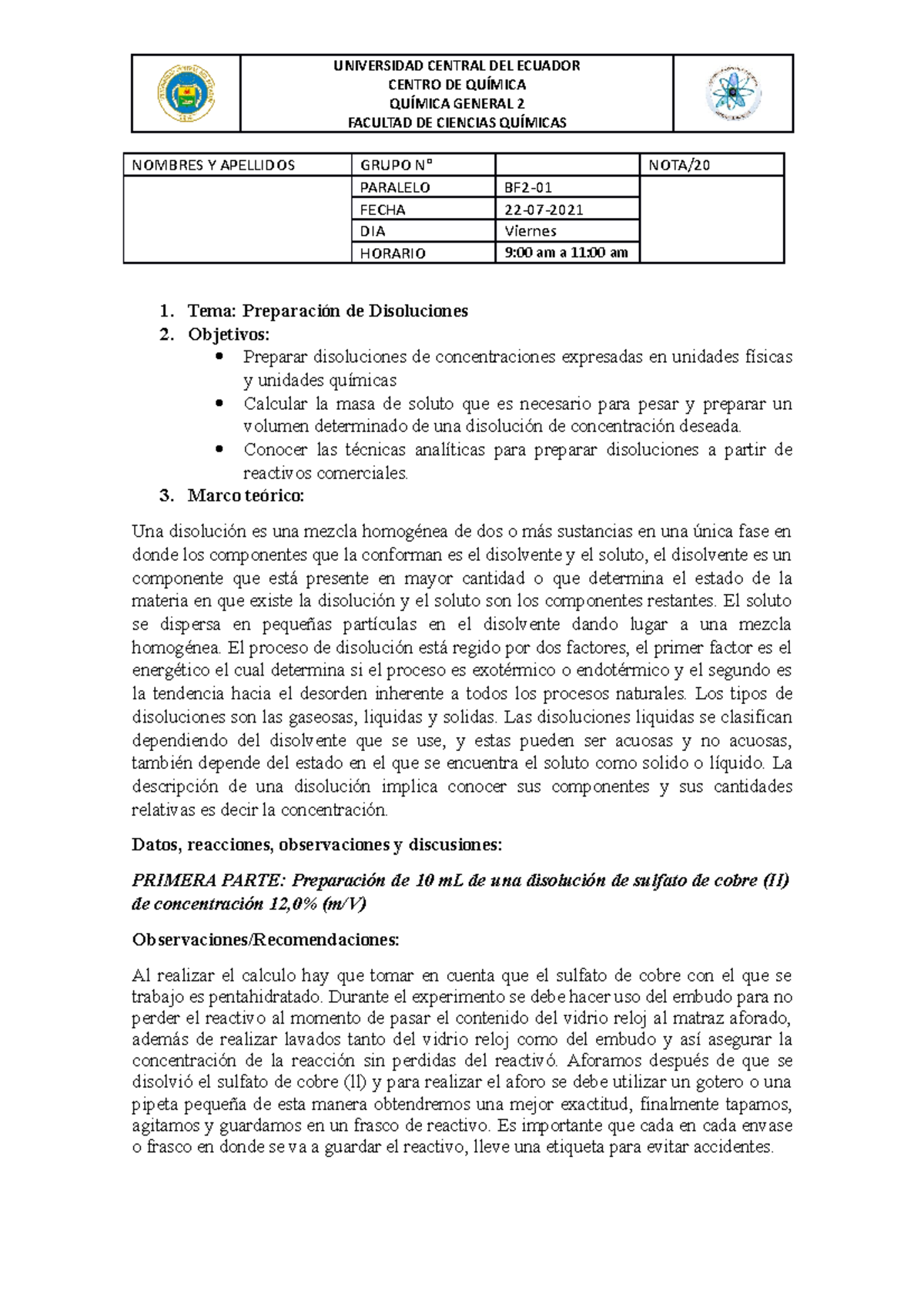 Disoluciones Practica De Laboratorio - CENTRO DE QUÍMICA QUÍMICA ...