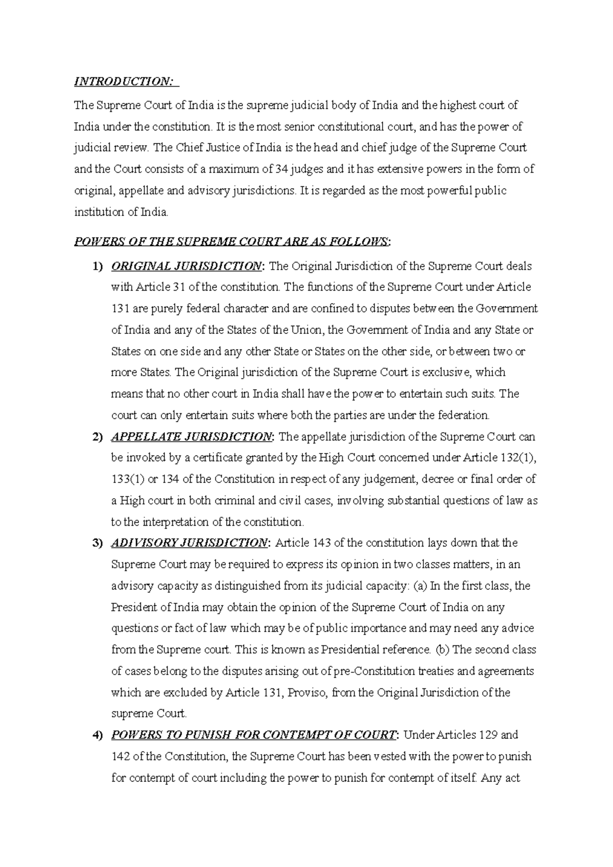 Supreme Court - powers - INTRODUCTION: The Supreme Court of India is ...