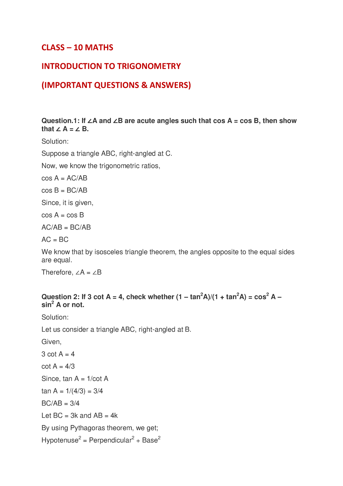 case study of introduction to trigonometry class 10