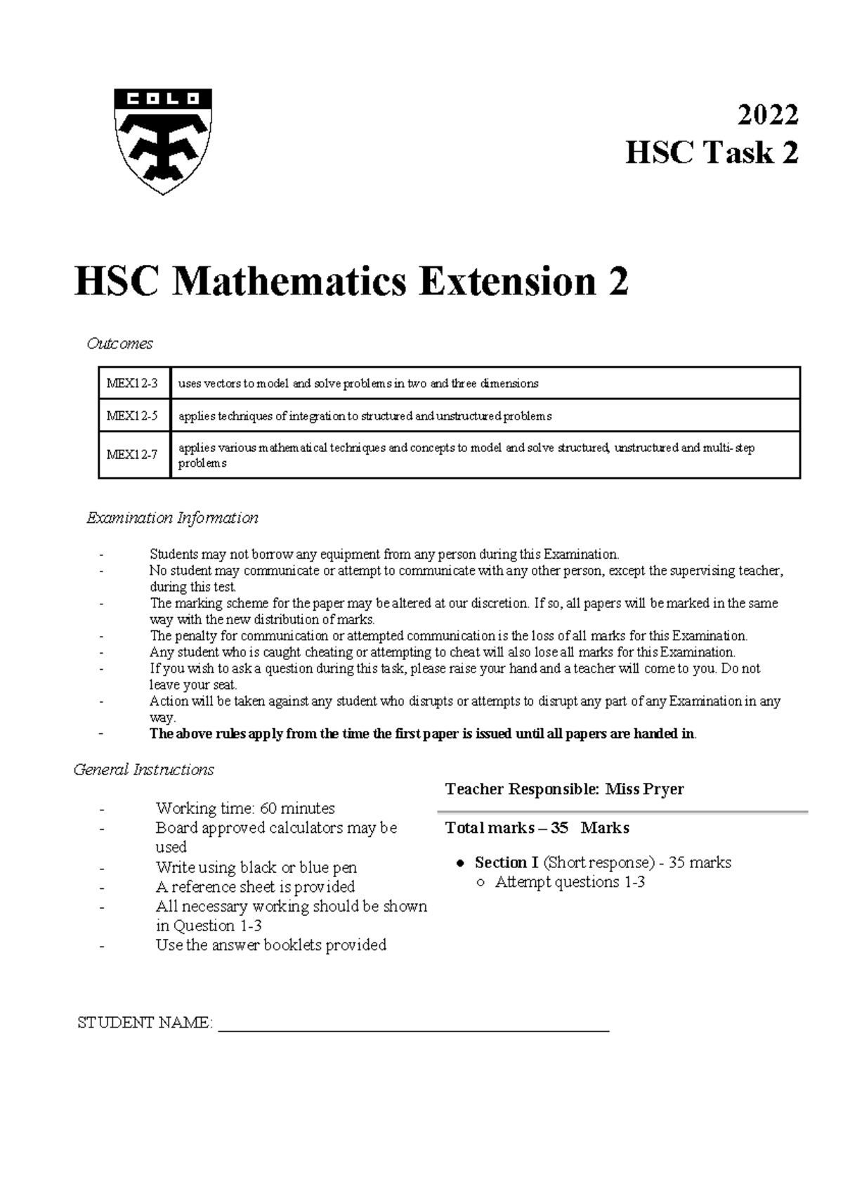 2022 X2 HSC Task 2 3D Vectors & Integration PDF 2022 HSC Task 2 HSC Mathematics Extension