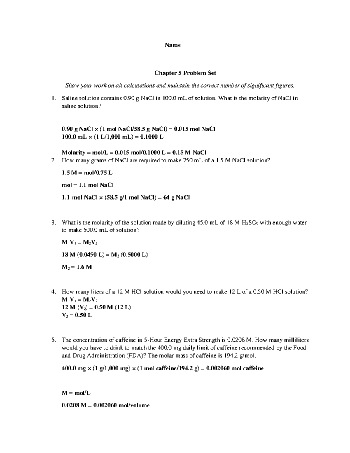 Chp 5 problem set answers - Name Chapter 5 Problem Set Show your work ...