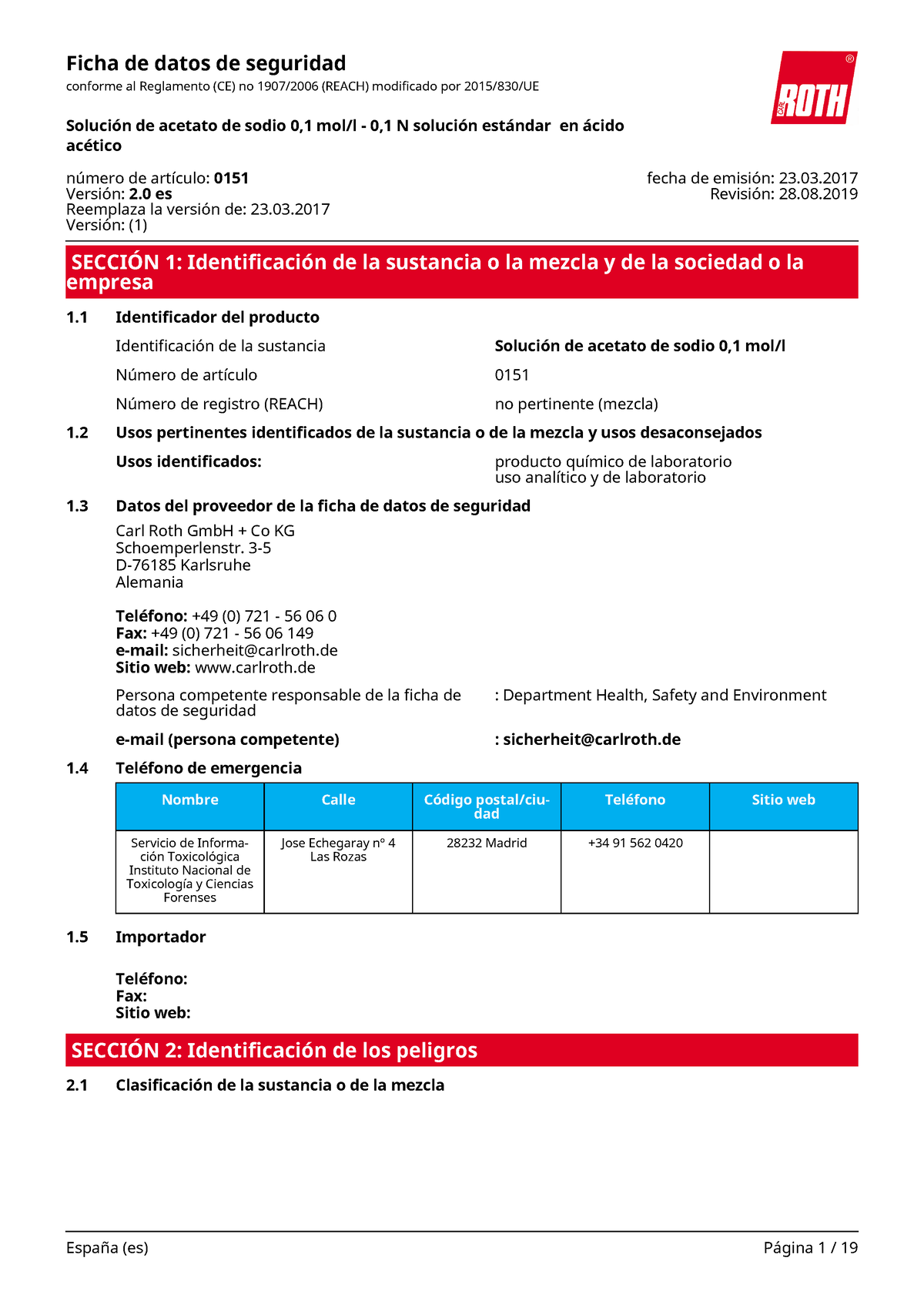 Hoja De Seguridad Acetato De Sodio SecciÓn 1 Identificación De La Sustancia O La Mezcla Y De 4562