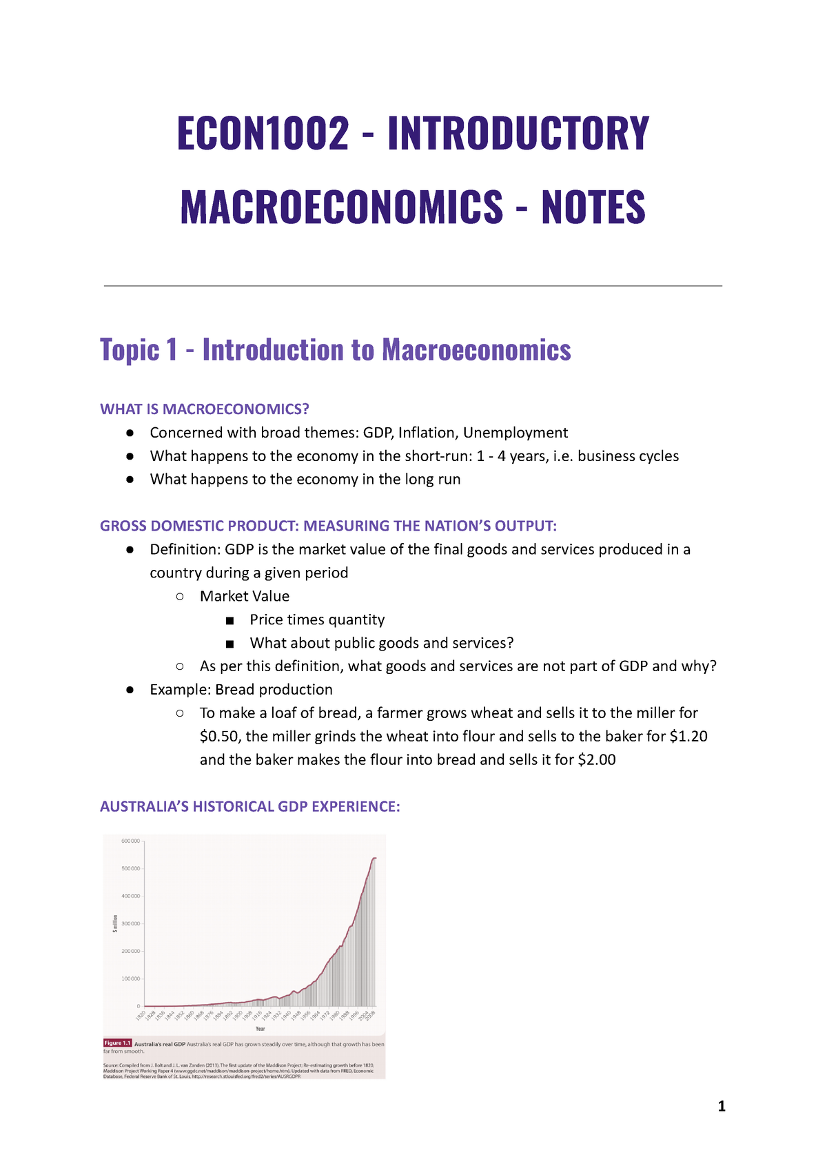 ECON1002 Notes - ECON1002 - INTRODUCTORY MACROECONOMICS - NOTES Topic 1 ...