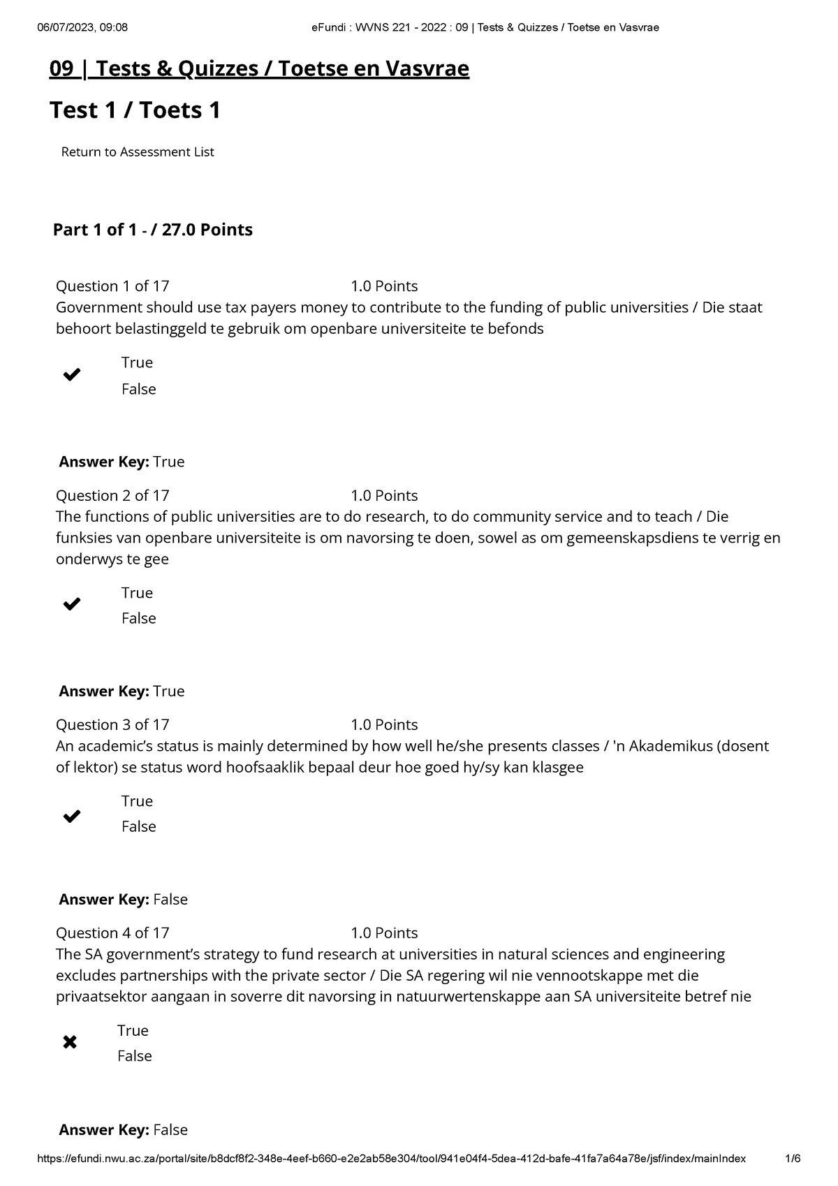 Test 1 WVNS 221 - 09 | Tests & Quizzes / Toetse en Vasvrae Test 1 ...