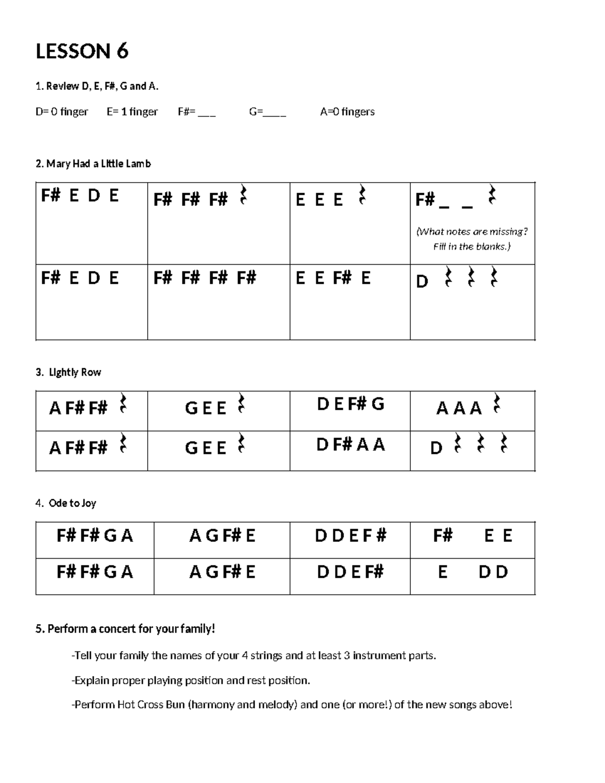 Yogesh Elango - Lesson 6 - LESSON 6 1. Review D, E, F#, G and A. D= 0 ...