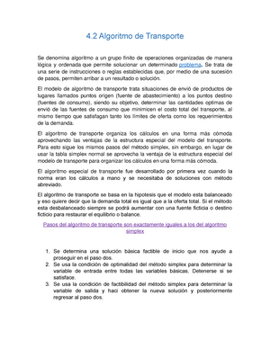 Algoritmo de Transporte - ** Se trata de una serie de instrucciones o  reglas establecidas que, por - Studocu