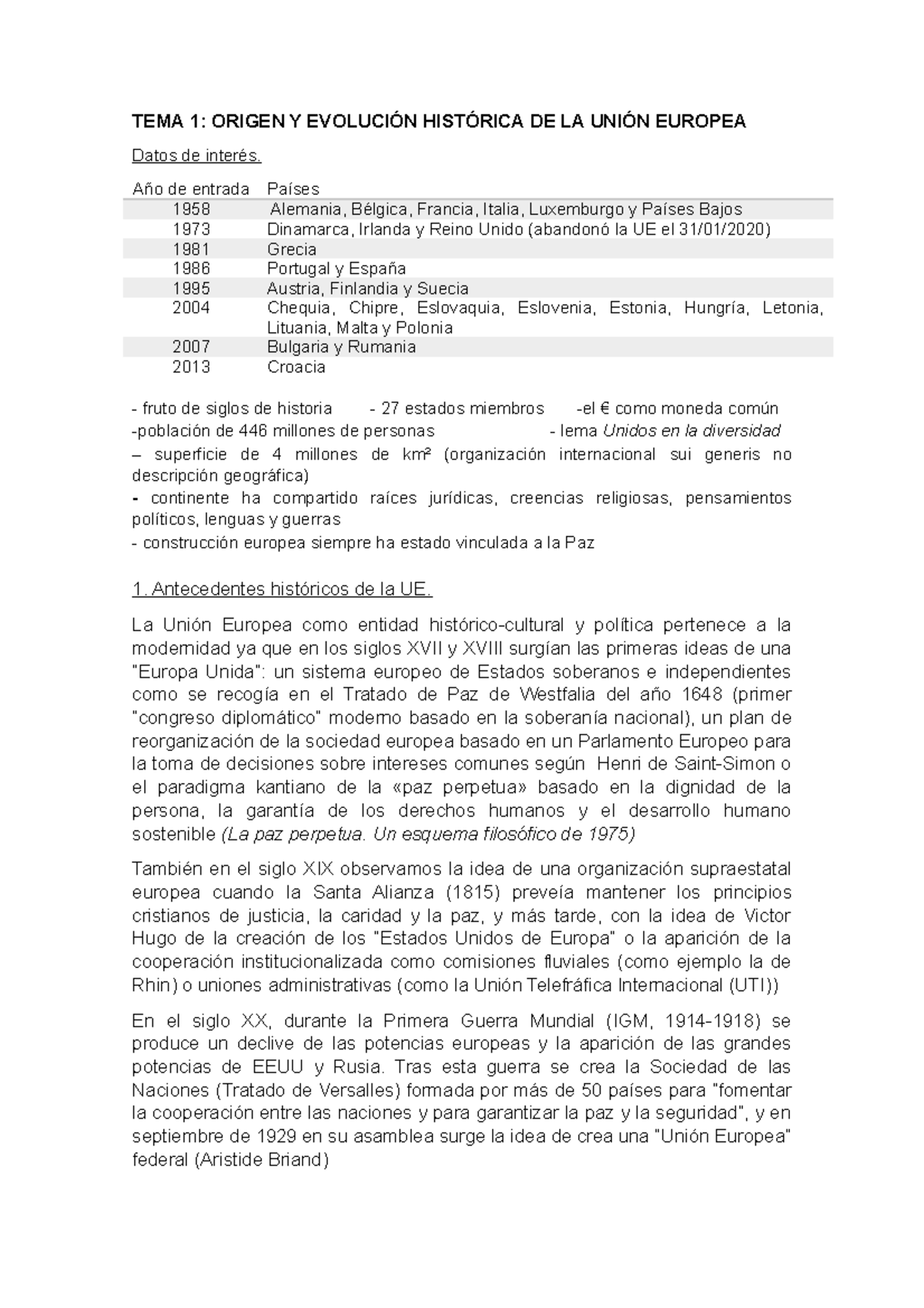 Tema 1 - apuntes - TEMA 1: ORIGEN Y EVOLUCIÓN HISTÓRICA DE LA UNIÓN ...