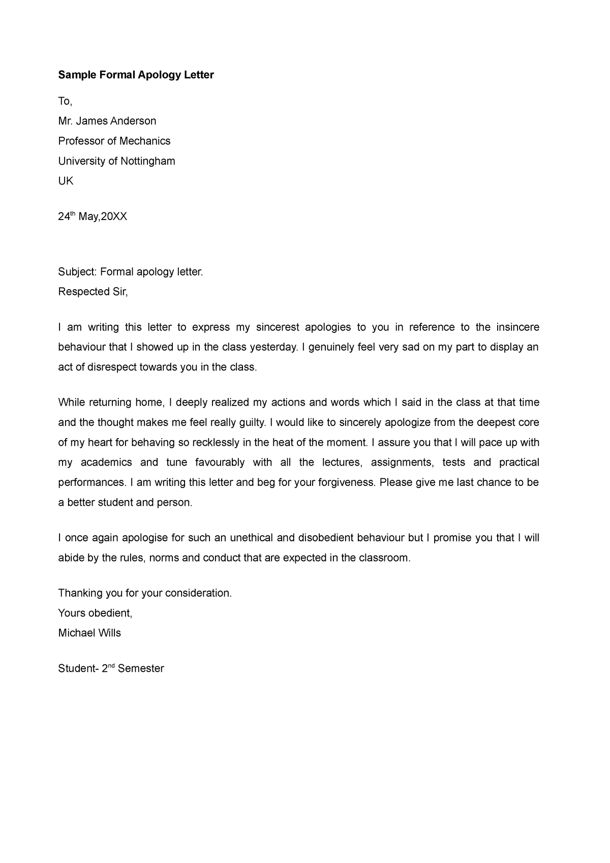 Formal Letter of Apology - Sample Formal Apology Letter To, Mr. James ...