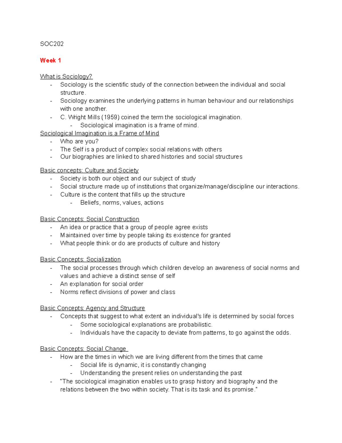 SOC202 Midterm Notes - SOC Week 1 What is Sociology? - Sociology is the ...