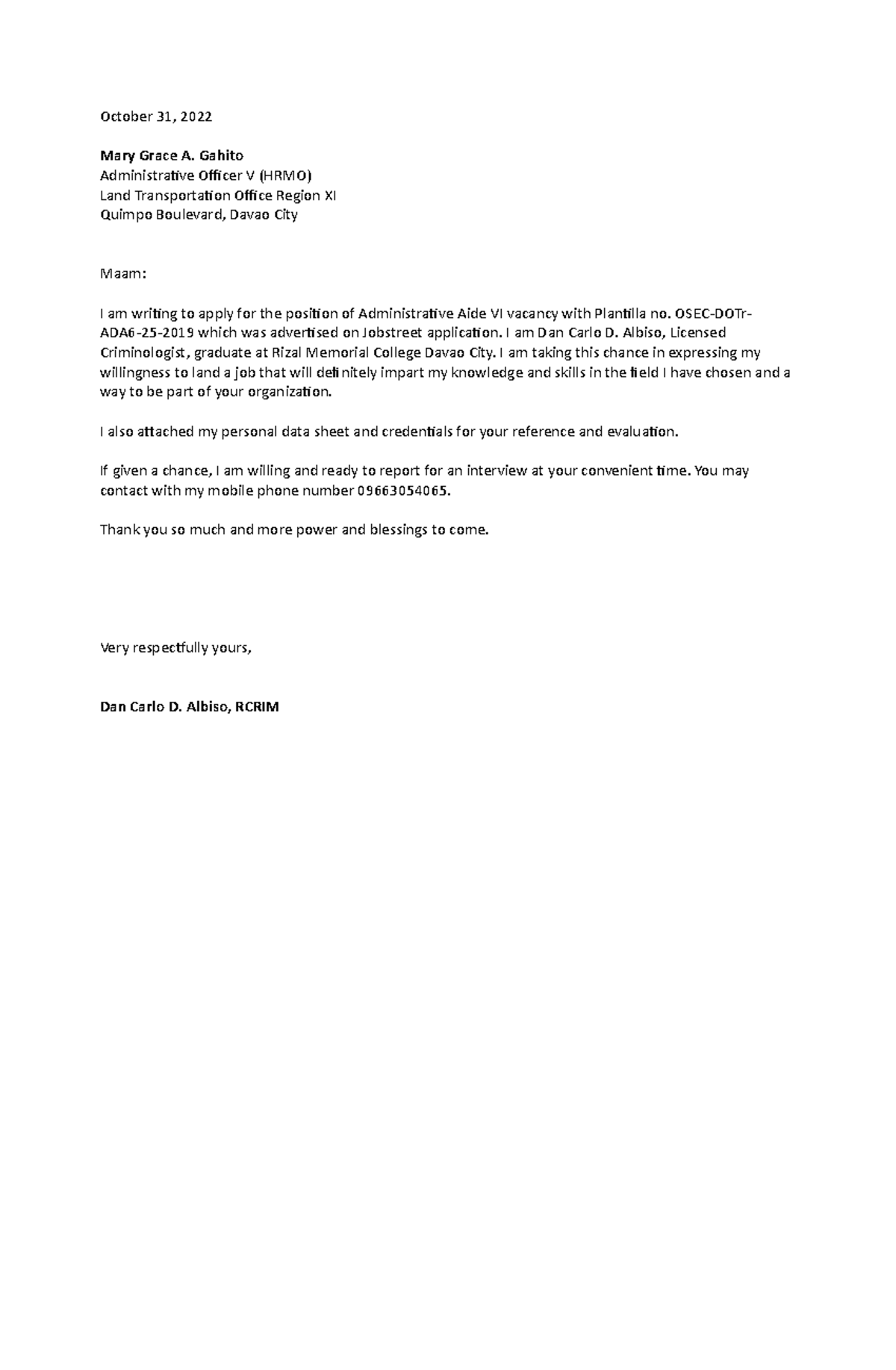 Application-Letter - Sample Application Letter - October 31, 2022 Mary ...