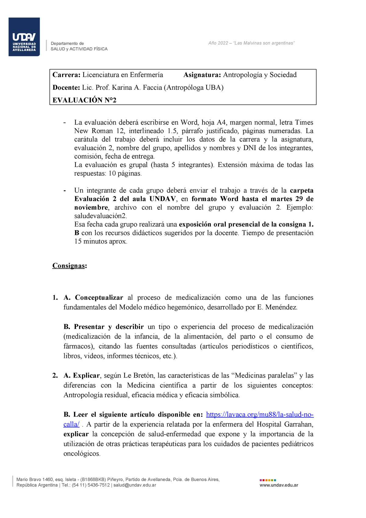 Evaluación 2 Antropología 2C 2022 - Departamento de SALUD y ACTIVIDAD ...