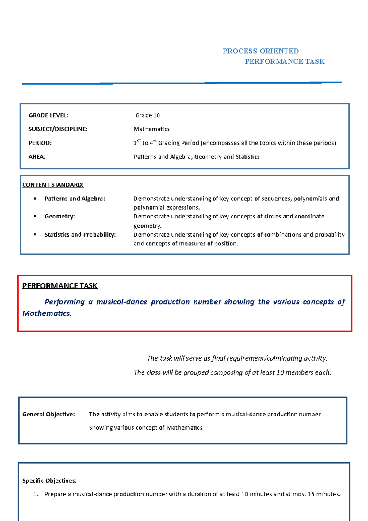 Assessment Of Learning Performance Task And Rubrics (process And 