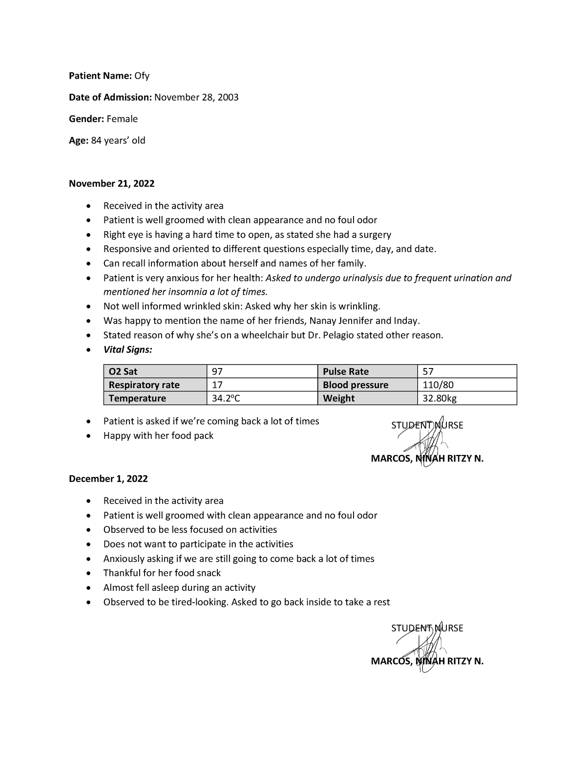 MEDICAL-Charting - Patient Name: Ofy Date of Admission: November 28 ...