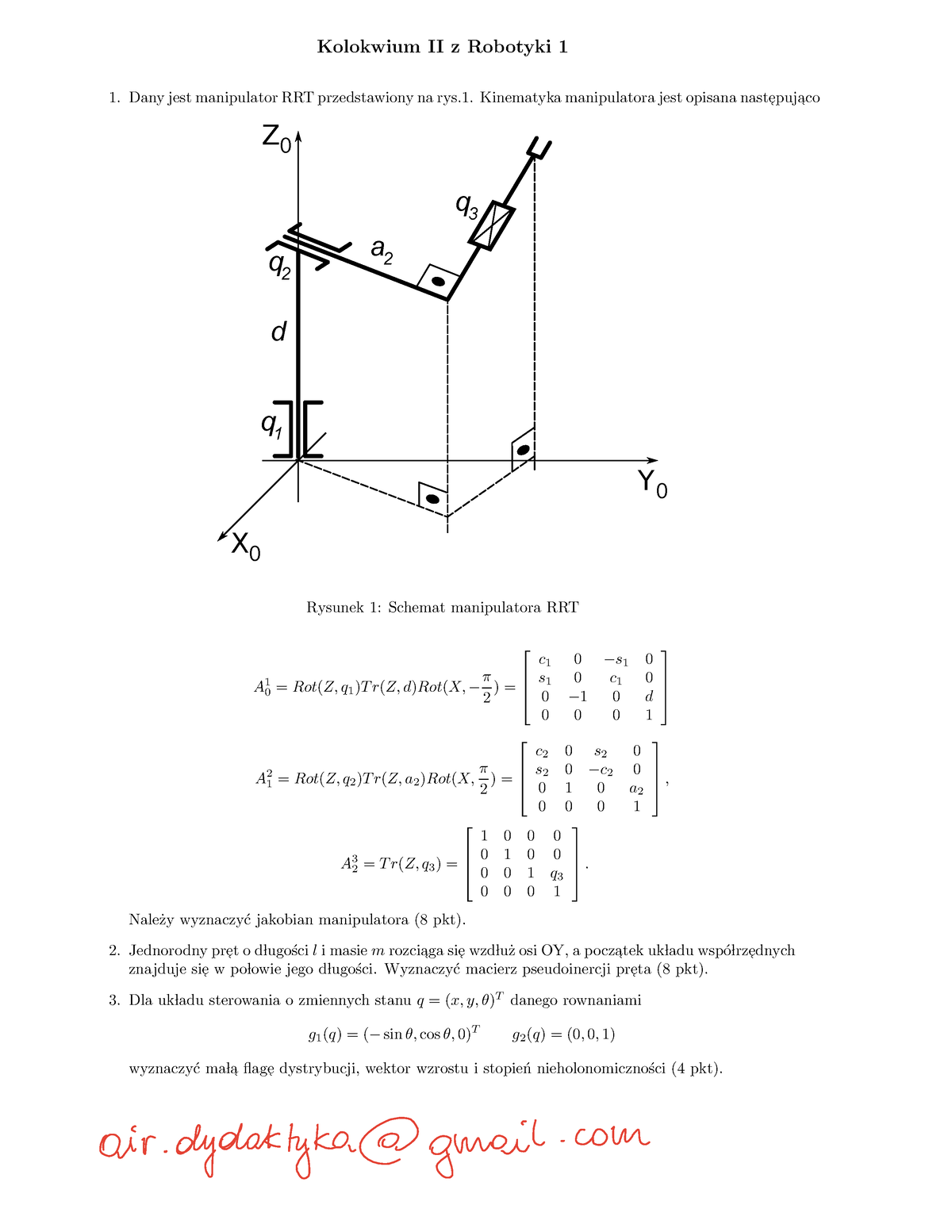 Kolokwium 2 B - Kolokwium II Z Robotyki 1 Dany Jest Manipulator RRT ...