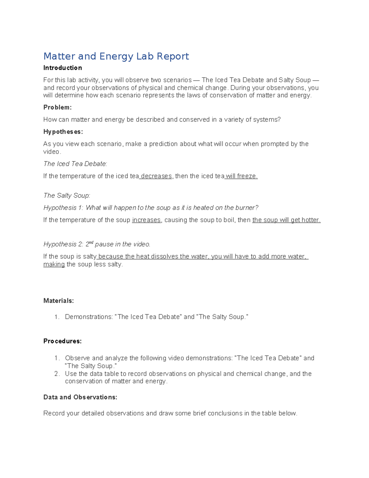 Matter energy lab report - Matter and Energy Lab Report Introduction ...