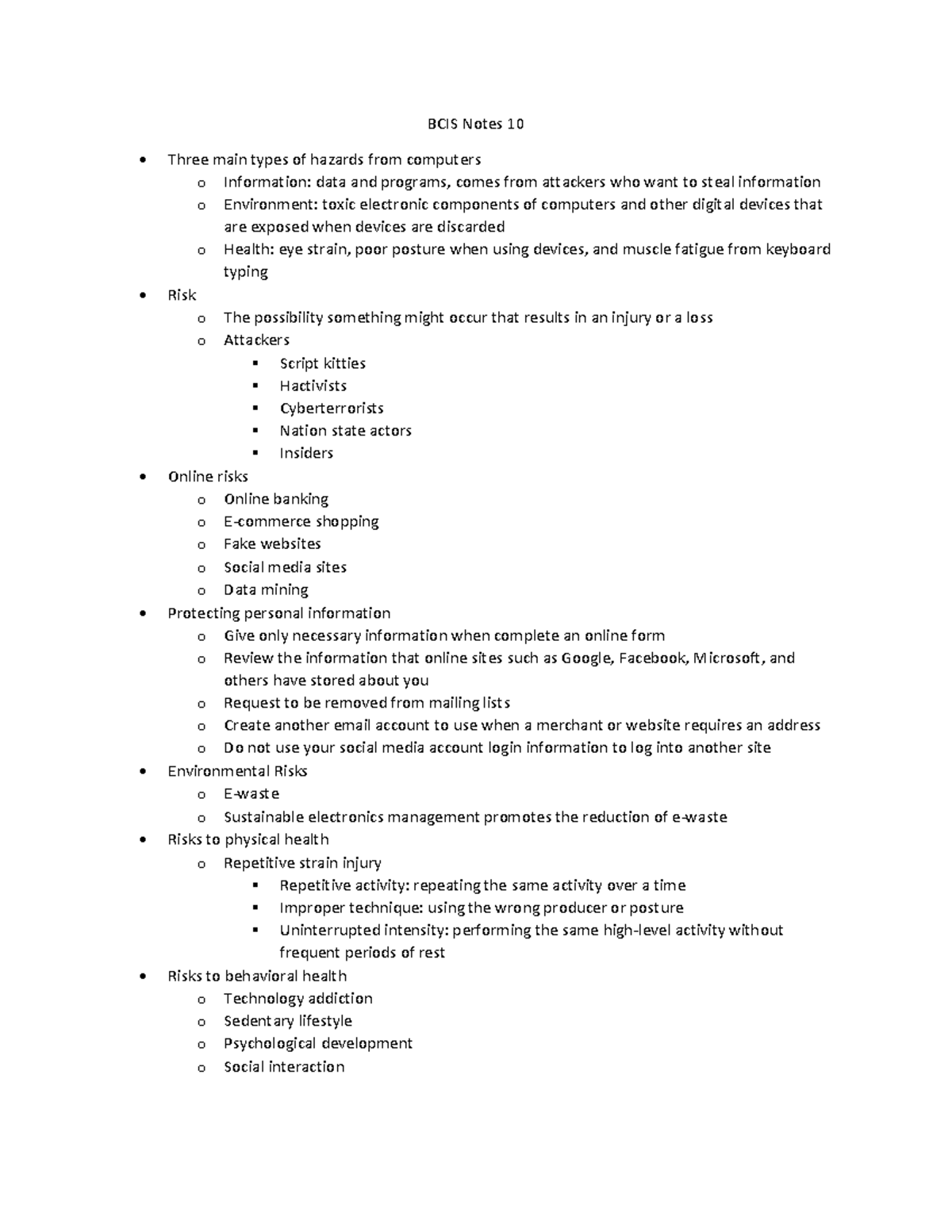 BCIS Notes 10 - BCIS Notes 10 Three main types of hazards from ...