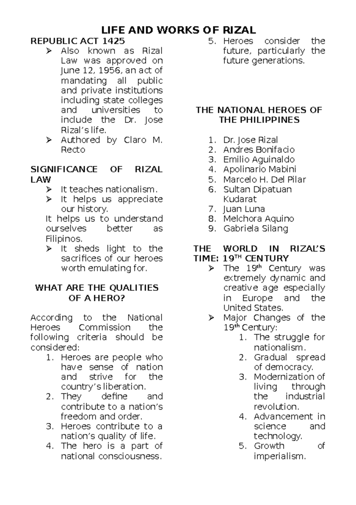 Rizal - notes - REPUBLIC ACT 1425 Also known as Rizal Law was approved ...