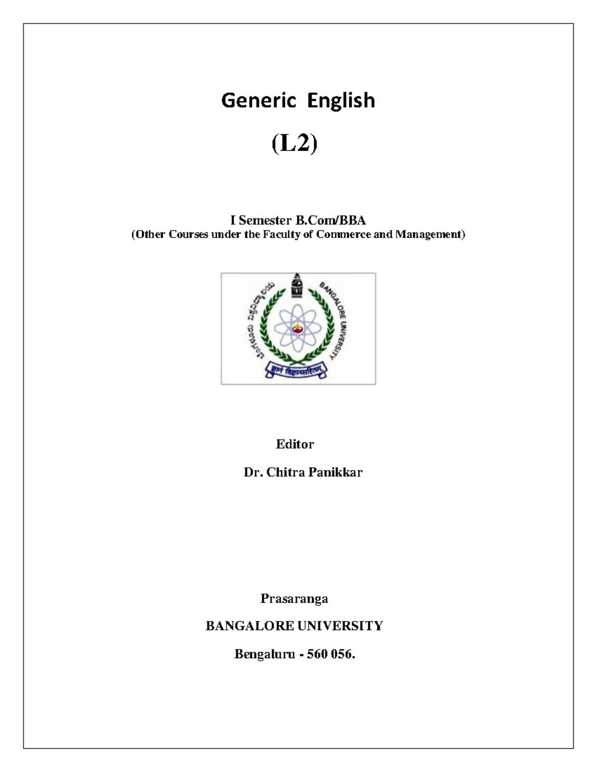 Workbook BBA.BCOM Semester I - Generic English (L2) I Semester B/BBA ...