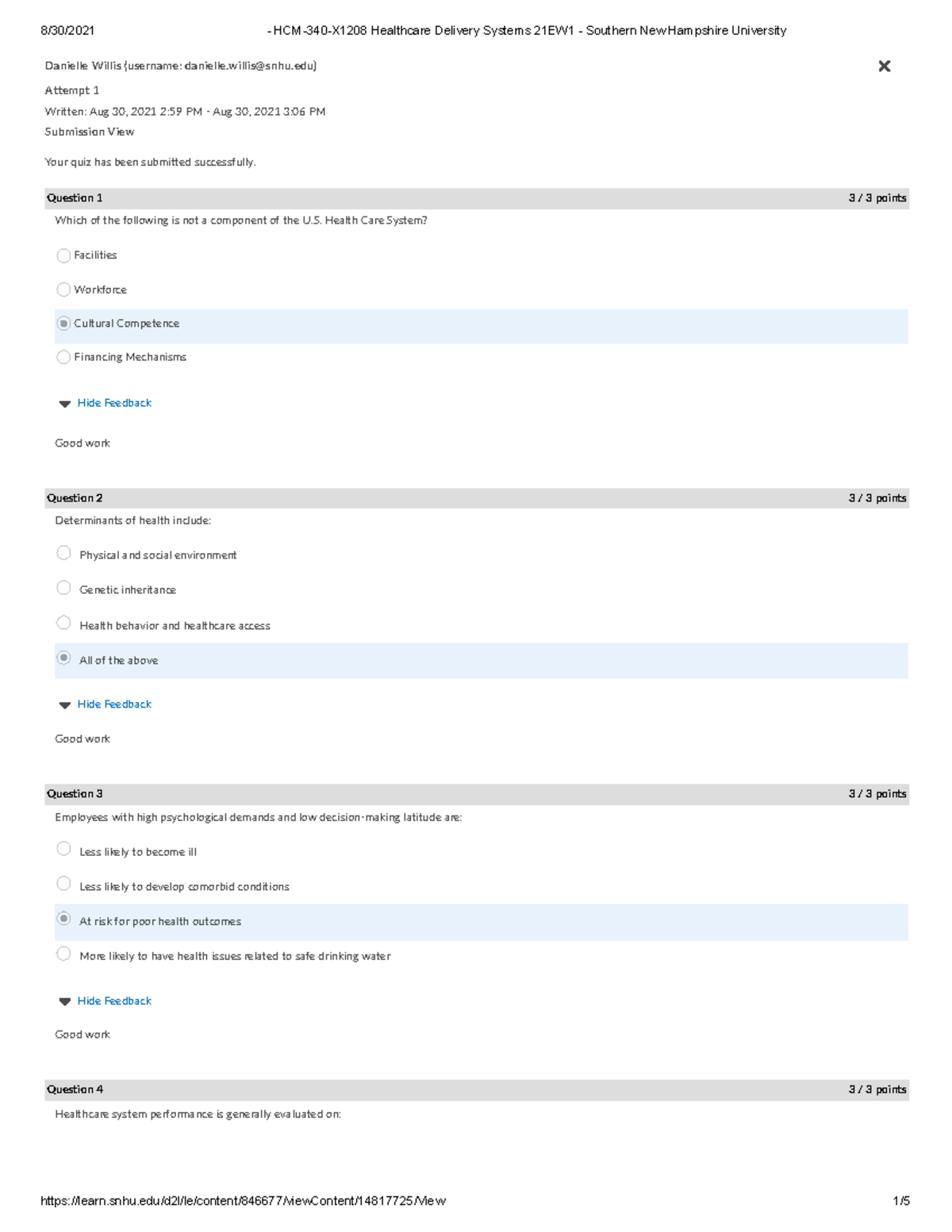 Attempt 1 12 Chapter One Quiz Health and Healthcare HCM340X1208