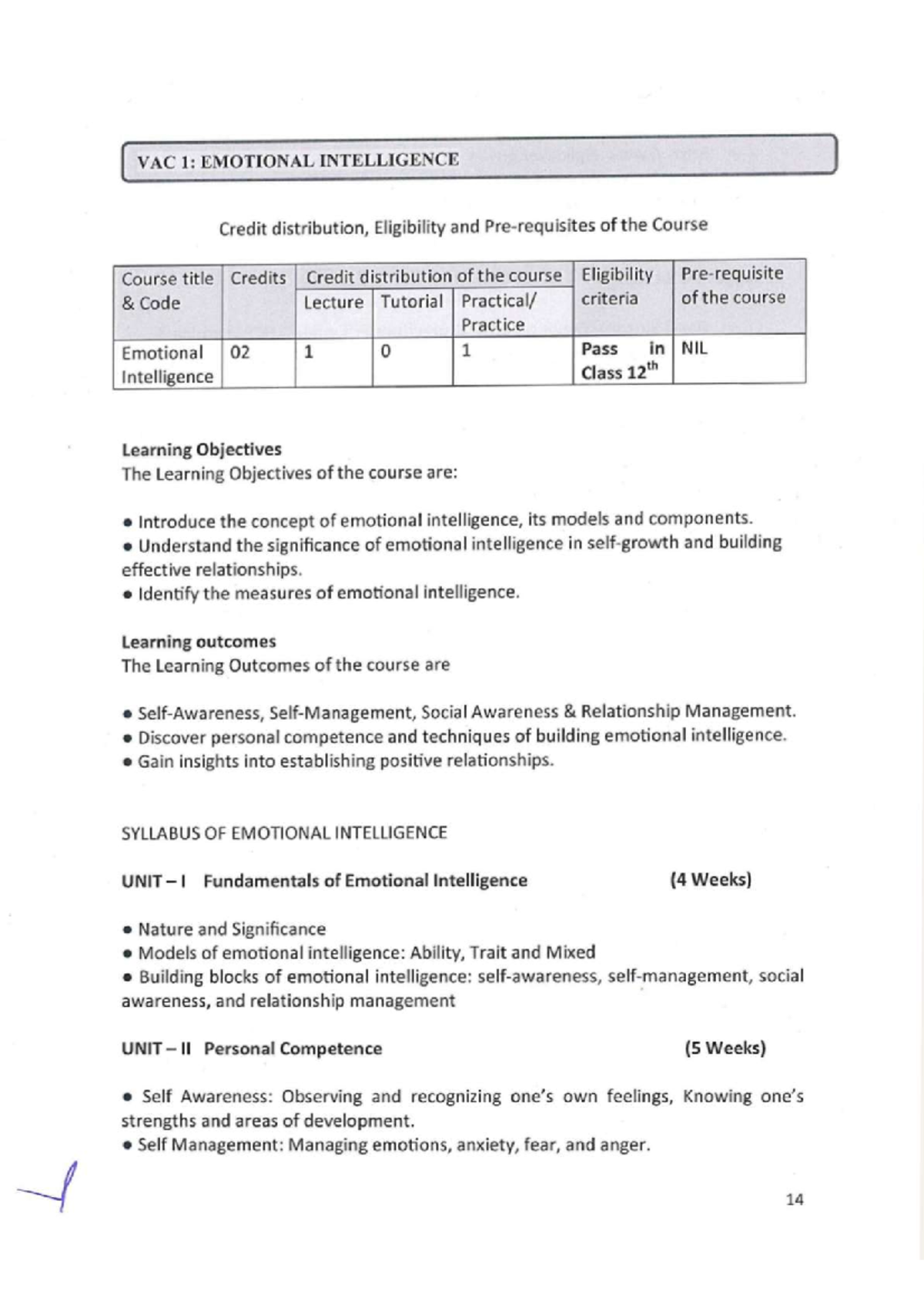 VAC Syllabus VAC Emotional Intelligence Studocu