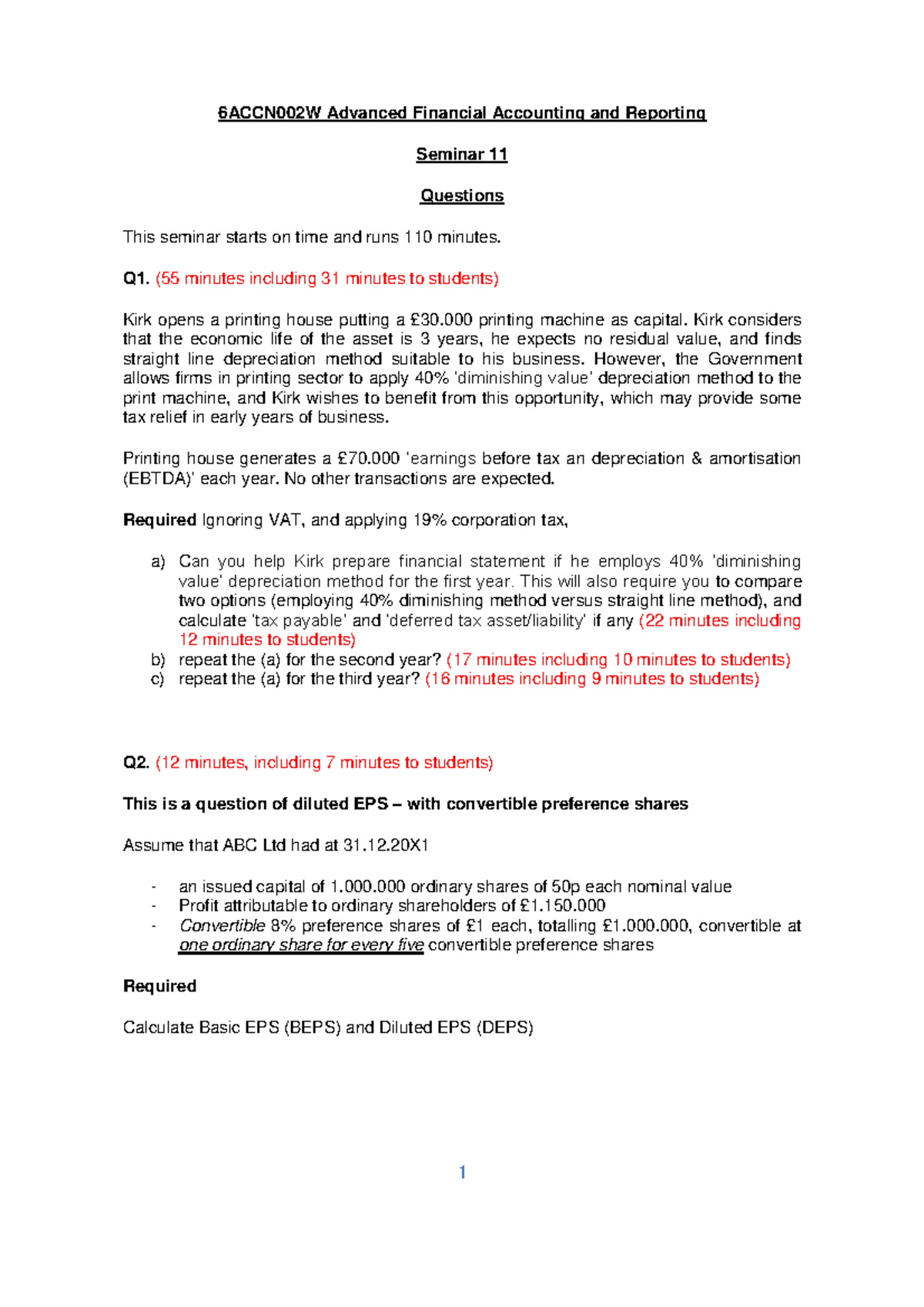 Seminar 11 AFA Question - 1 6ACCN002W Advanced Financial Accounting and ...