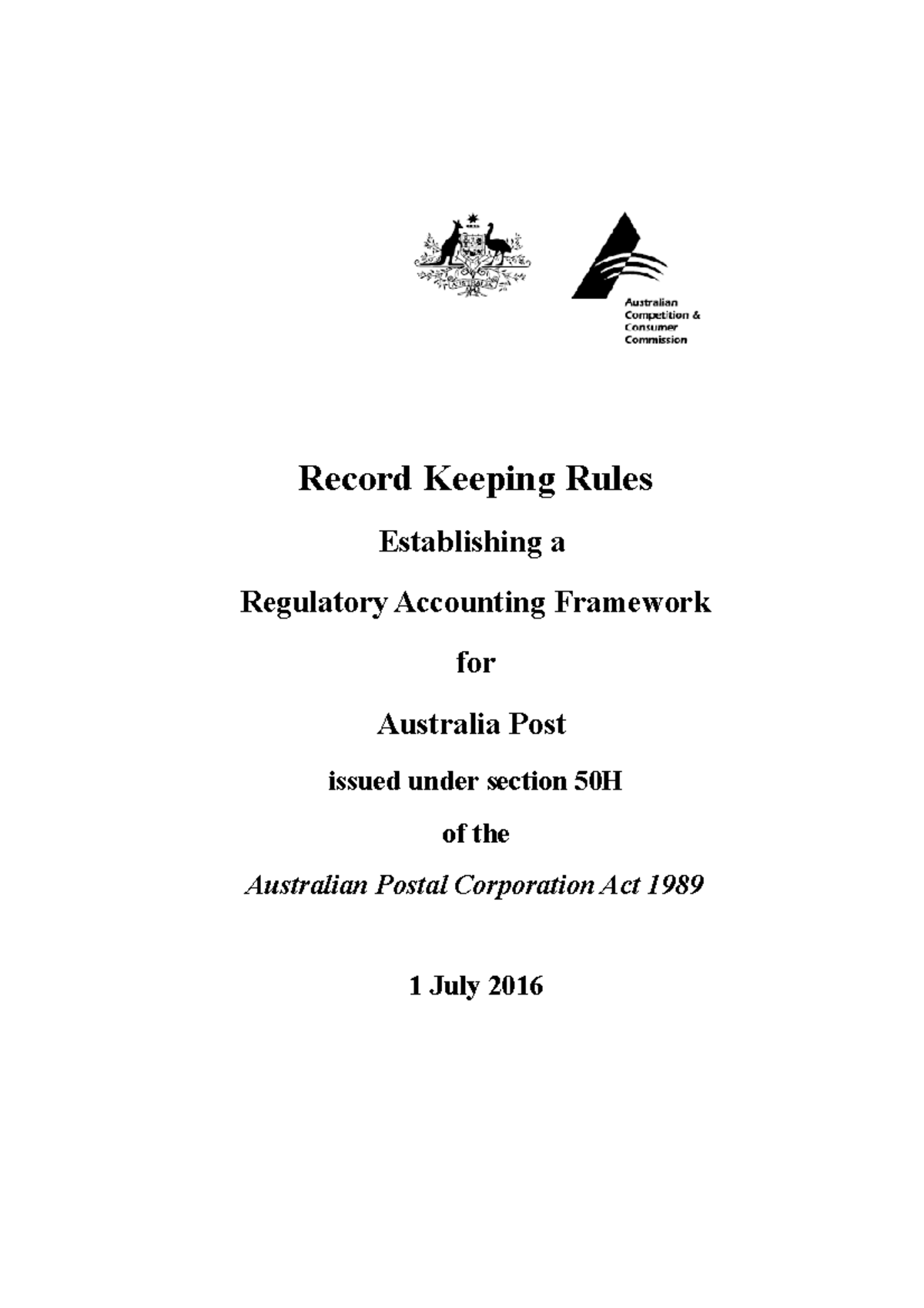 Revised Australia Post regulatory accounting framework record keeping