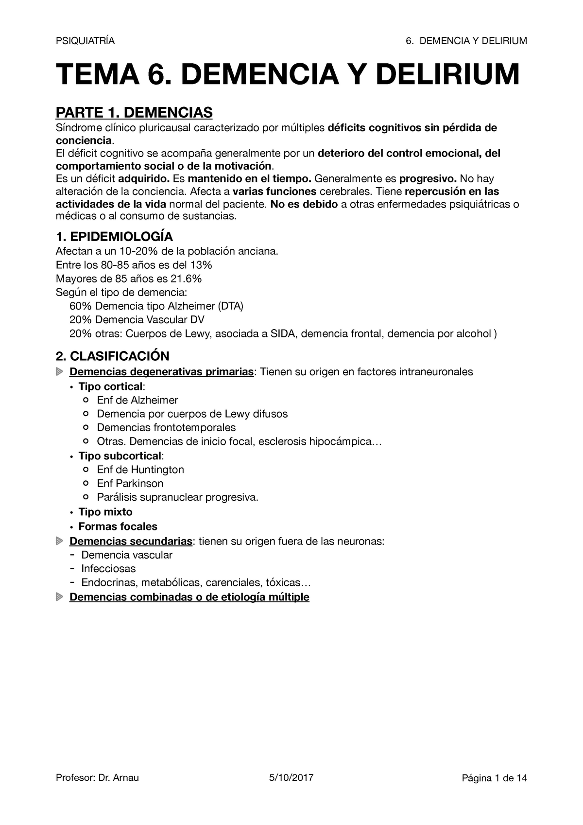 T6 Demencia Y Delirium PsiquiatrÍa 6 Demencia Y Delirium Tema 6