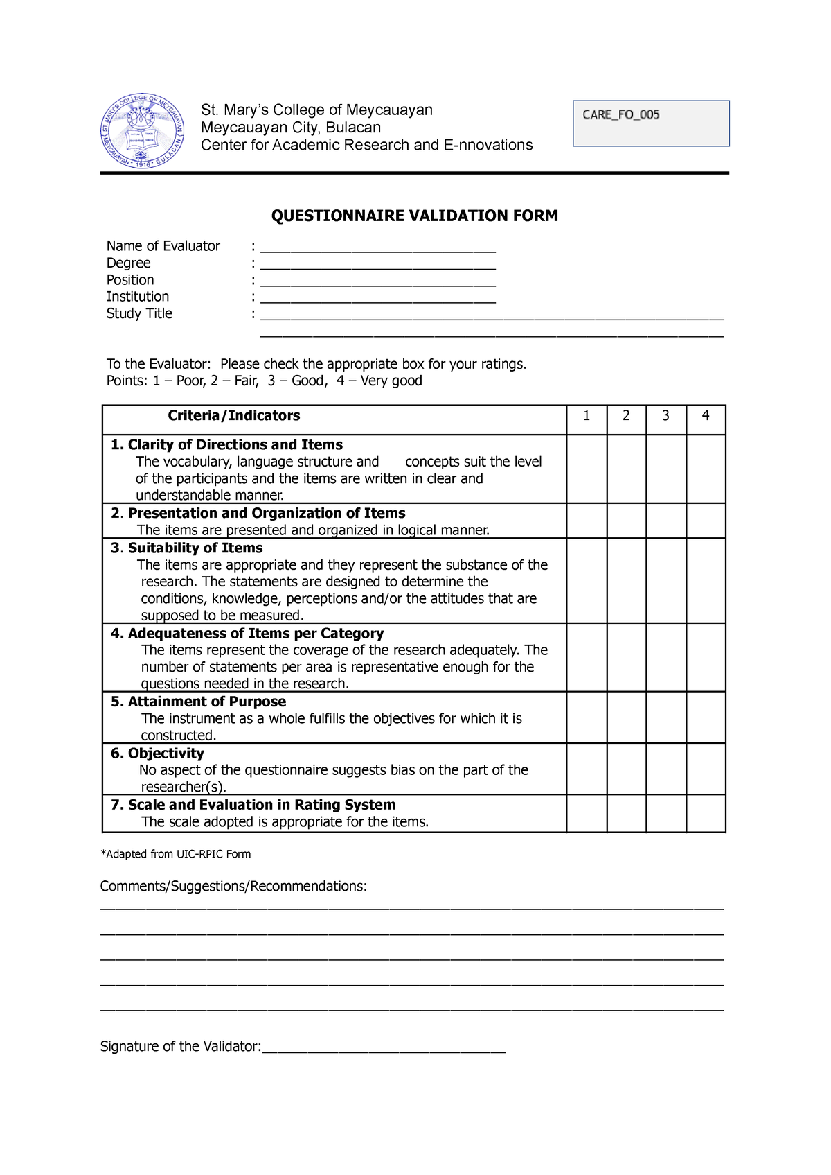 Questionnaire-Validation-Form - St. Mary’s College of Meycauayan ...