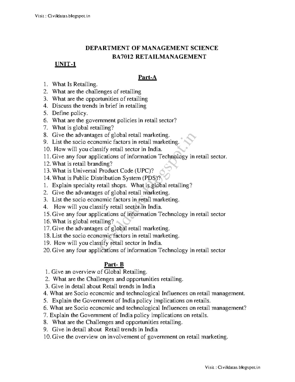 BA7012-Retail Management question bank edited - DEPARTMENT OF ...